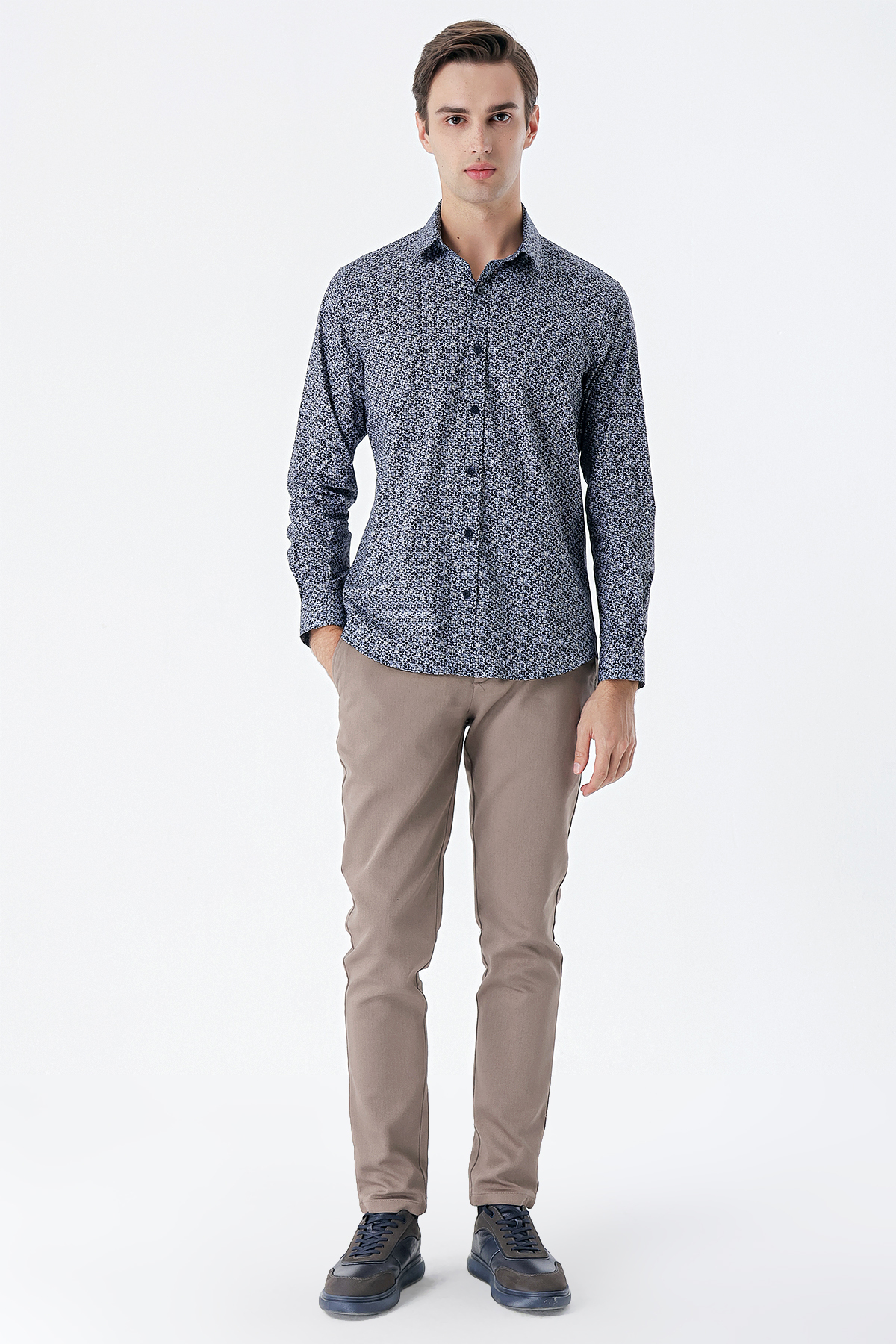Lacivert Uzun Kollu Baskılı Cepsiz Pamuklu Likralı Klasik Slim Fit Gömlek 1004235127
