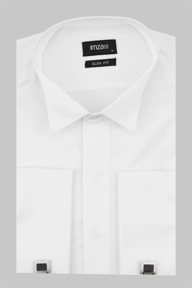 Beyaz Uzun Kollu Bez Ayağı Ata Yaka Cepsiz Pamuklu Basic Slim Fit Dar Kesim Gömlek 1004230060