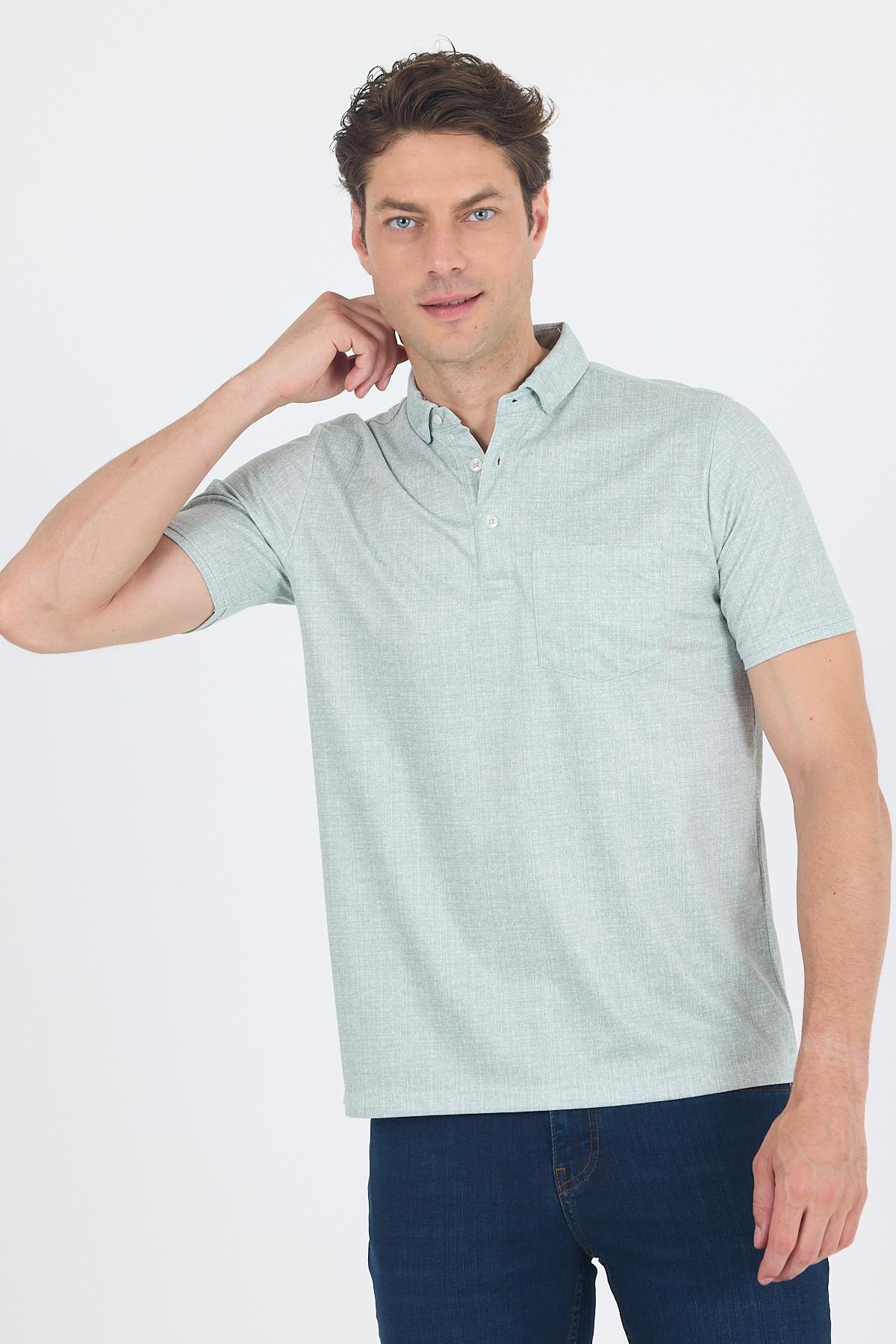 Yeşil Polo Yaka Kısa Kol Cepli Comfort Fit Pamuklu Tişört 1011250180