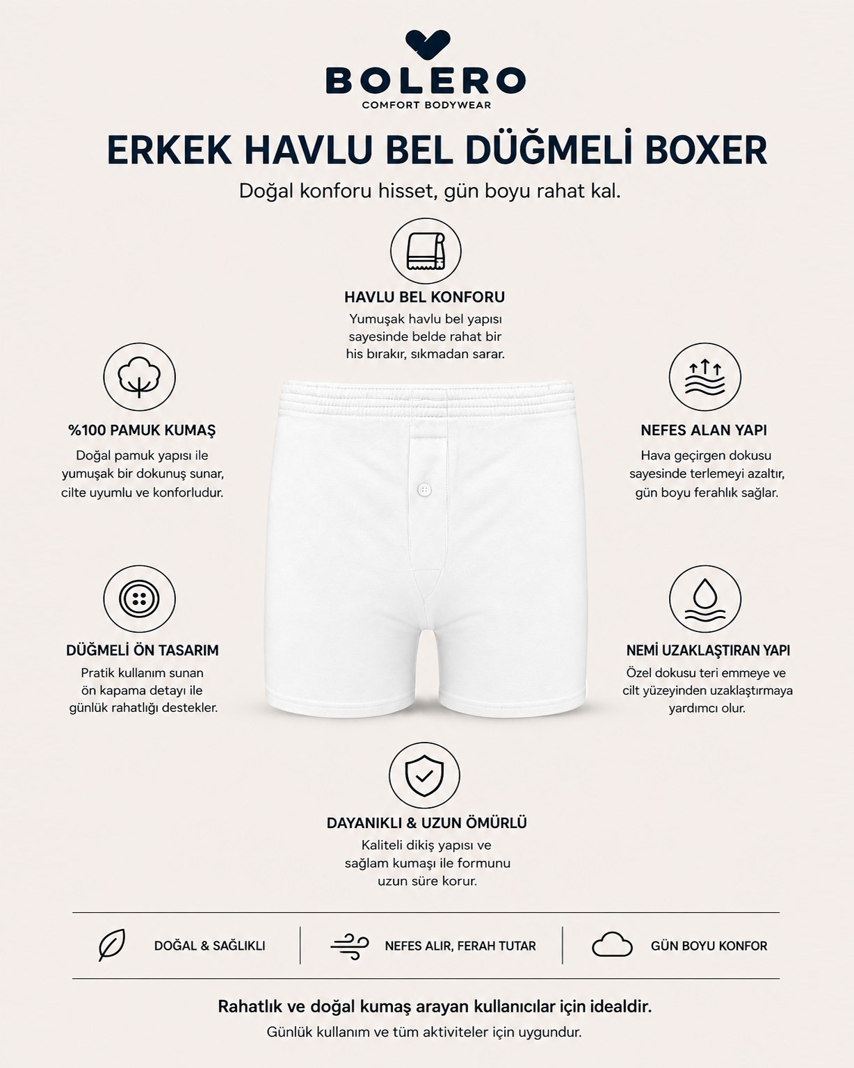 Erkek Havlu Bel Düğmeli Boxer Beyaz