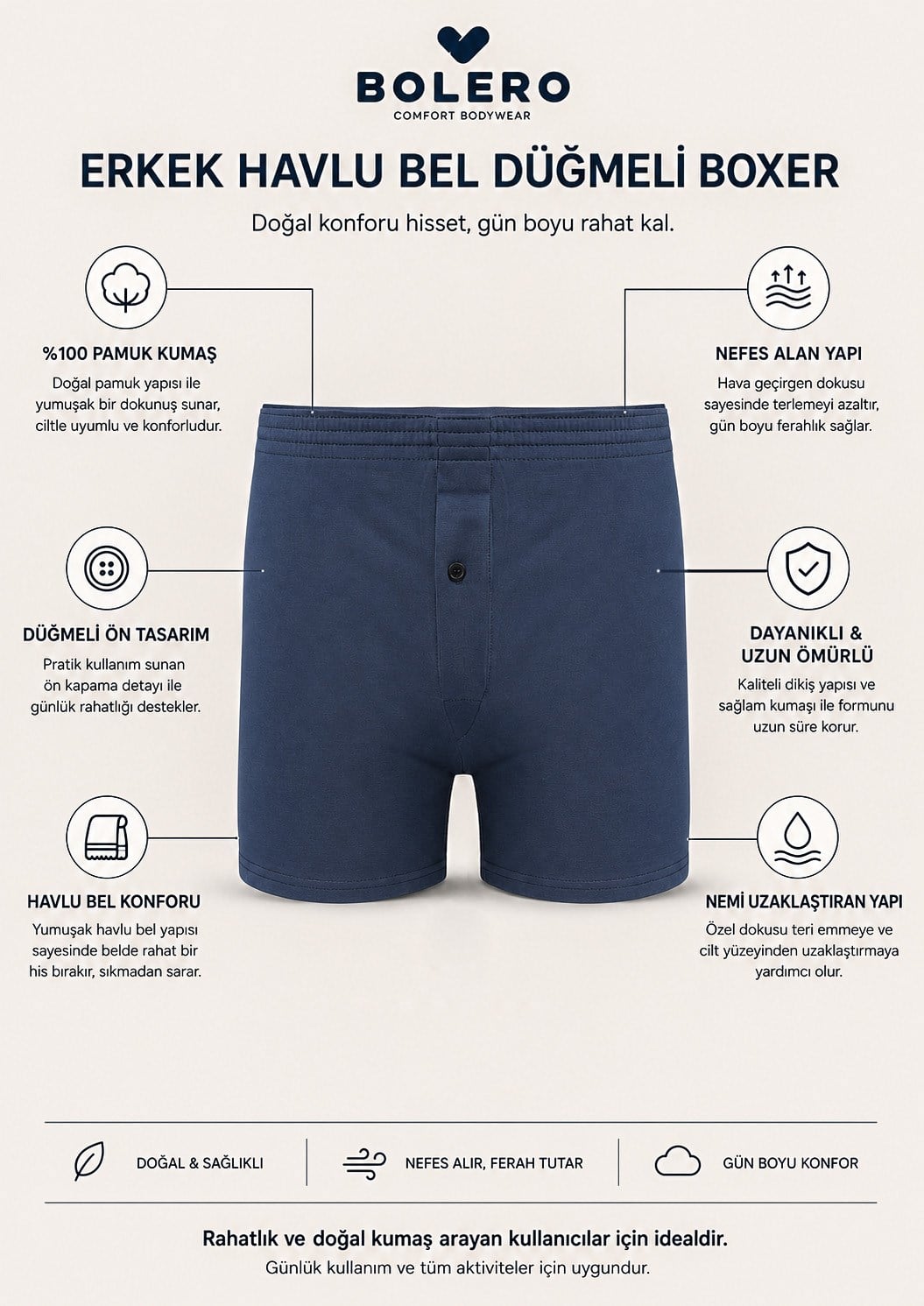 Erkek Havlu Bel Düğmeli Boxer Lacivert