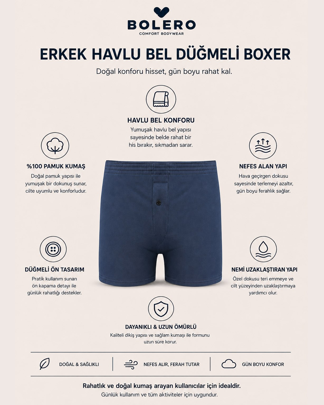 Erkek Havlu Bel Düğmeli Boxer Lacivert