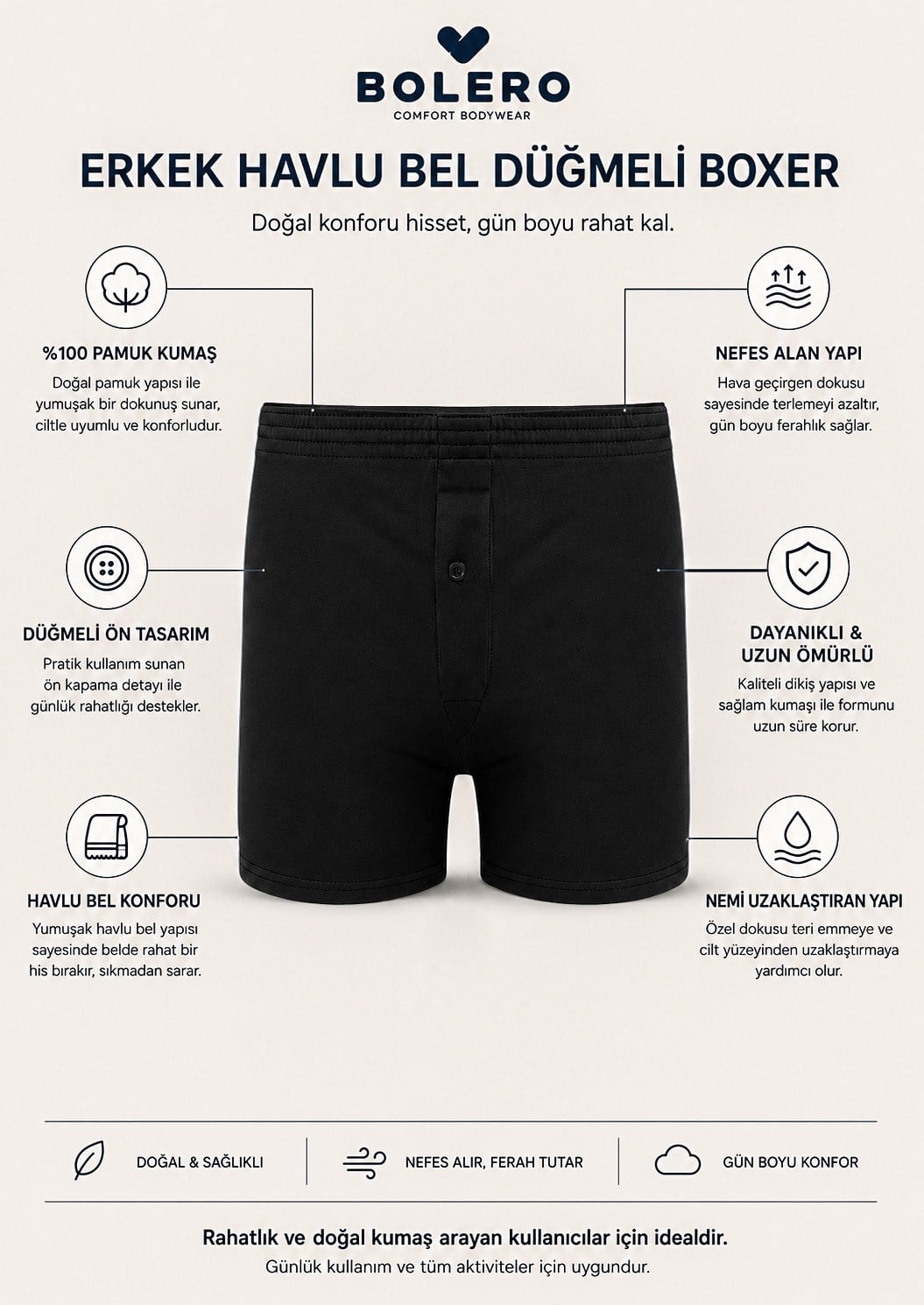 Erkek Havlu Bel Düğmeli Boxer Siyah