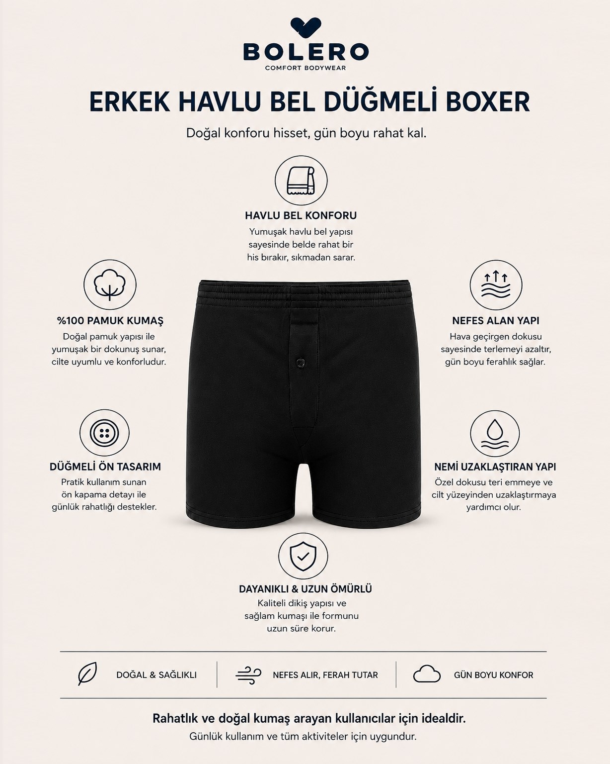 Erkek Havlu Bel Düğmeli Boxer Siyah