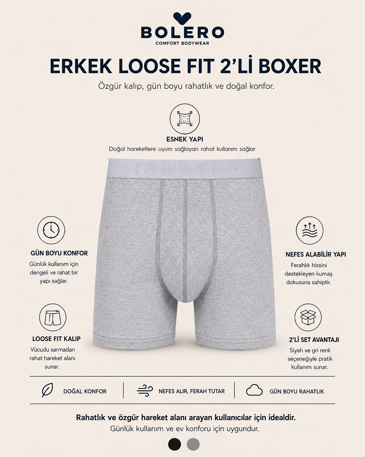 Erkek Loose Fit 2'li Boxer Siyah Gri