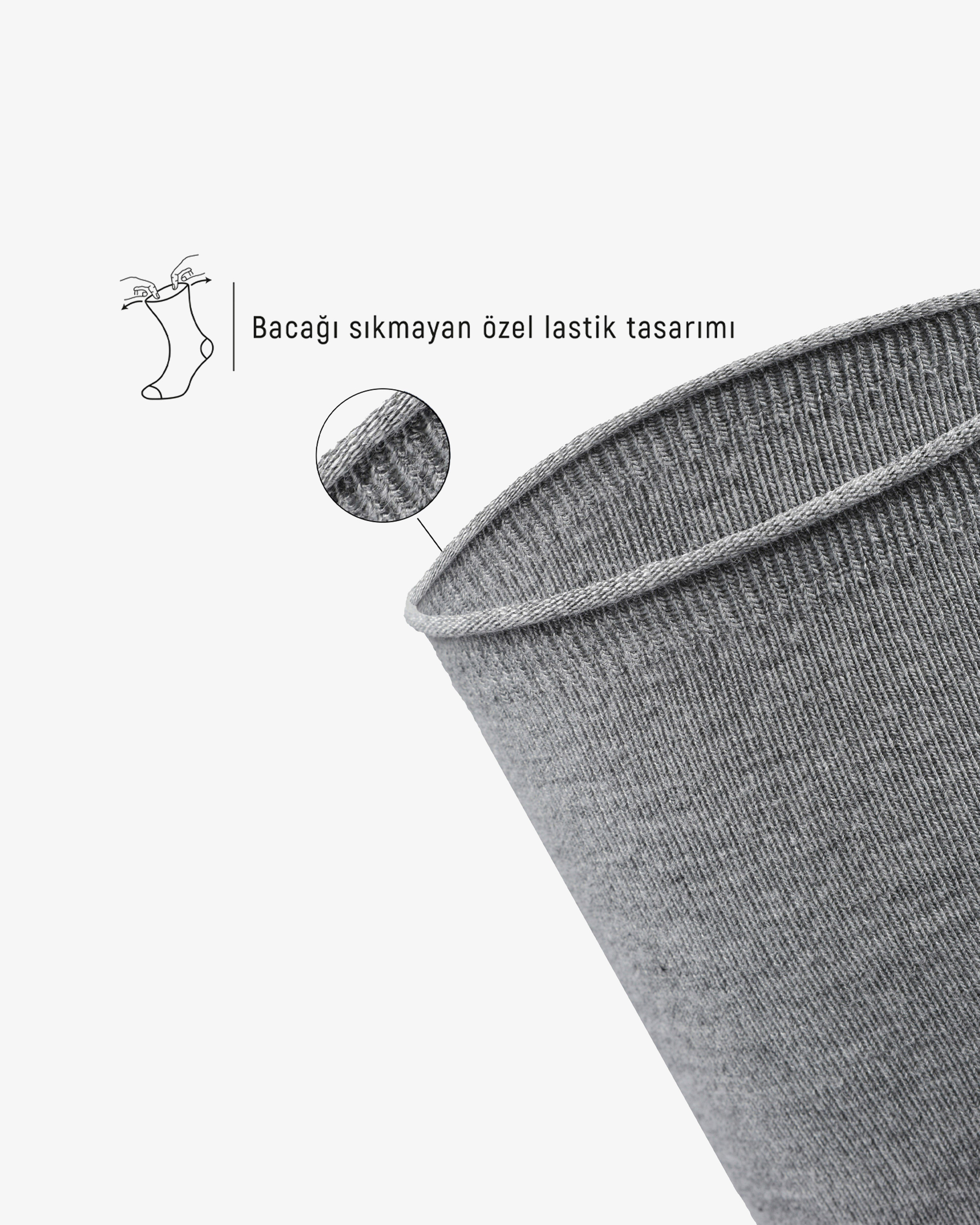 Erkek Premium Roll Top Lastiksiz Dikişsiz Bambu Çorap Gri