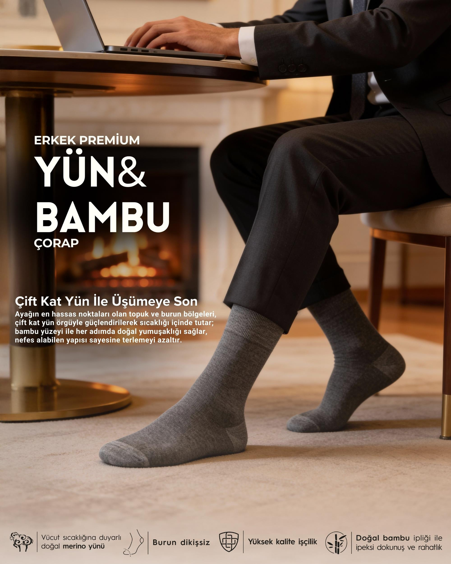 Erkek Premium Yün Bambu Kışlık Çorap Antrasit