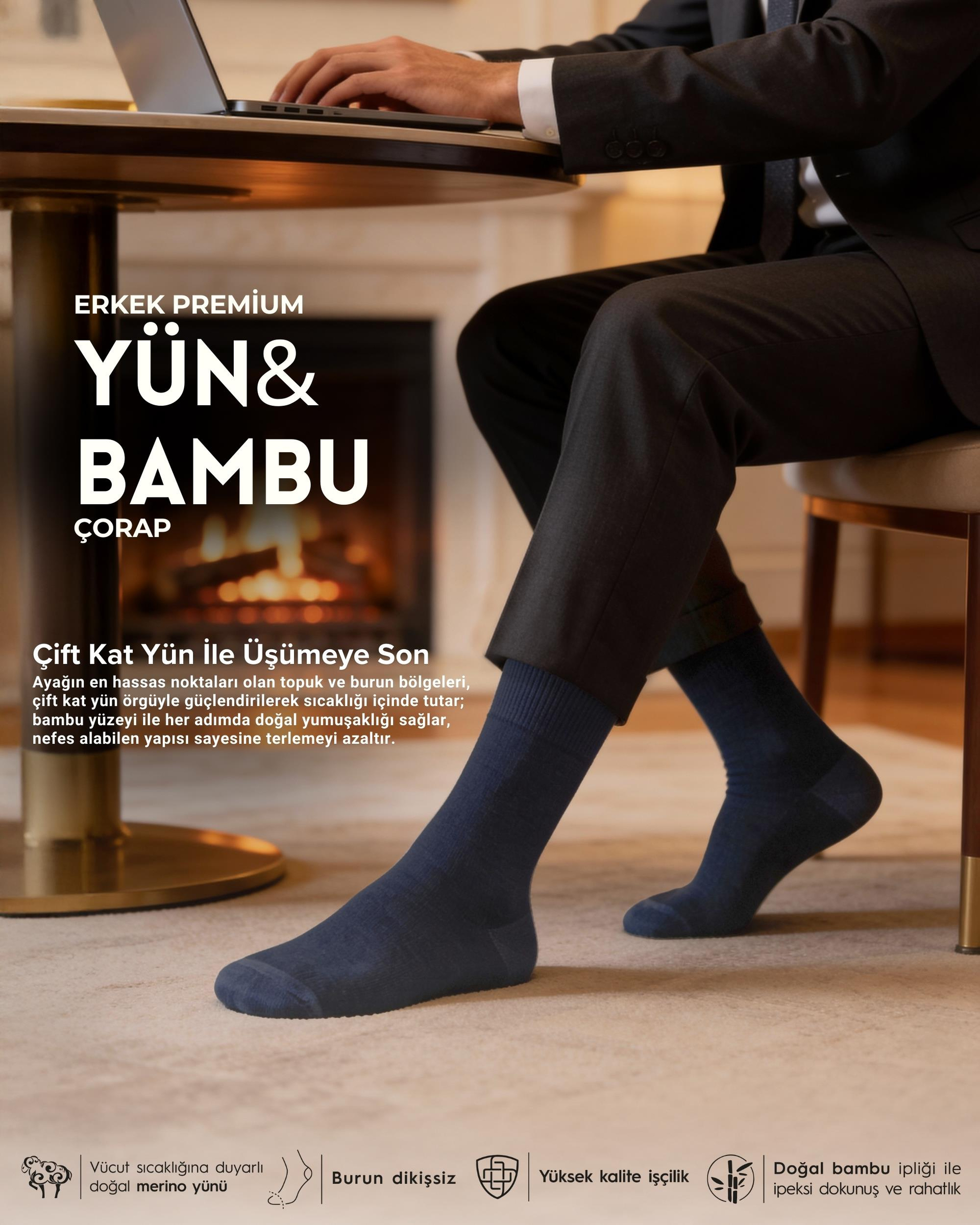 Erkek Premium Yün Bambu Kışlık Çorap Lacivert