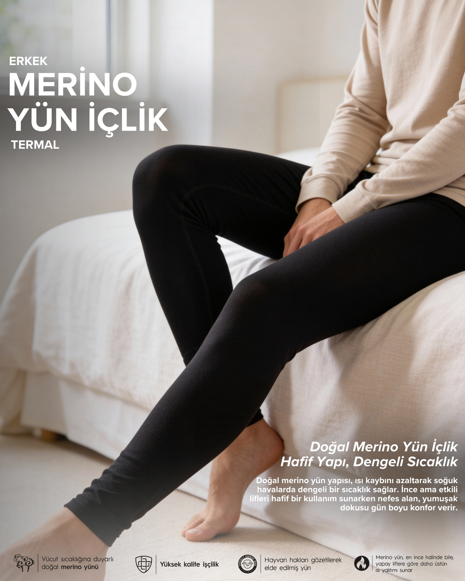 Erkek Termal Alt Yün İçlik Siyah