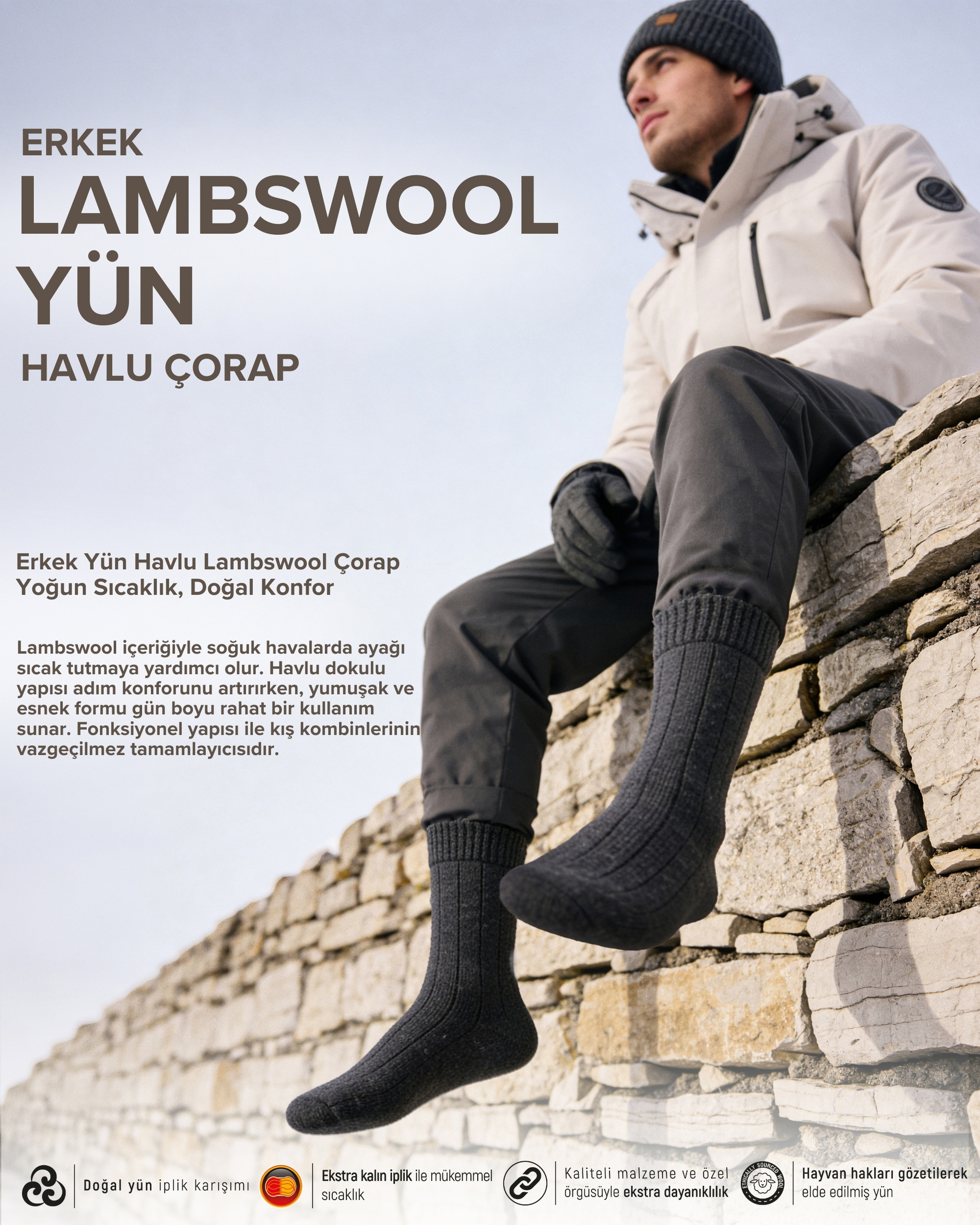 Erkek Yün Havlu Lambswool Çorap Antrasit