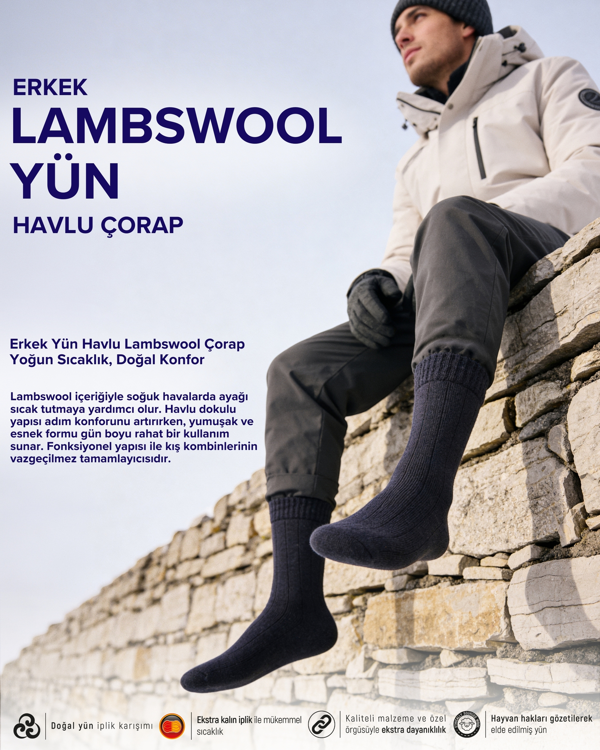 Erkek Yün Havlu Lambswool Çorap Lacivert