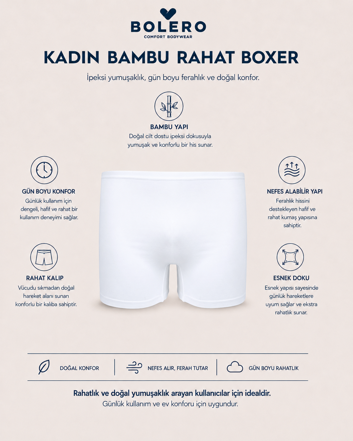 Kadın Bambu Boxer Beyaz