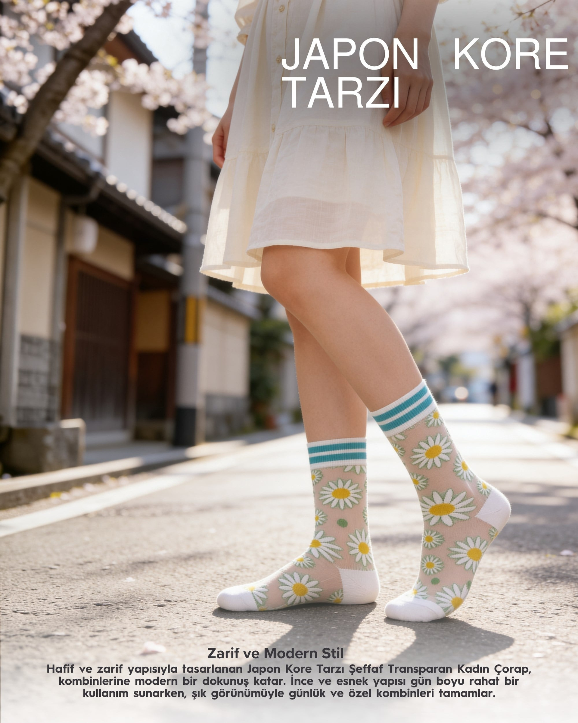 Kadın Japon Kore Tarzı Transparan Çorap Papatya Desen