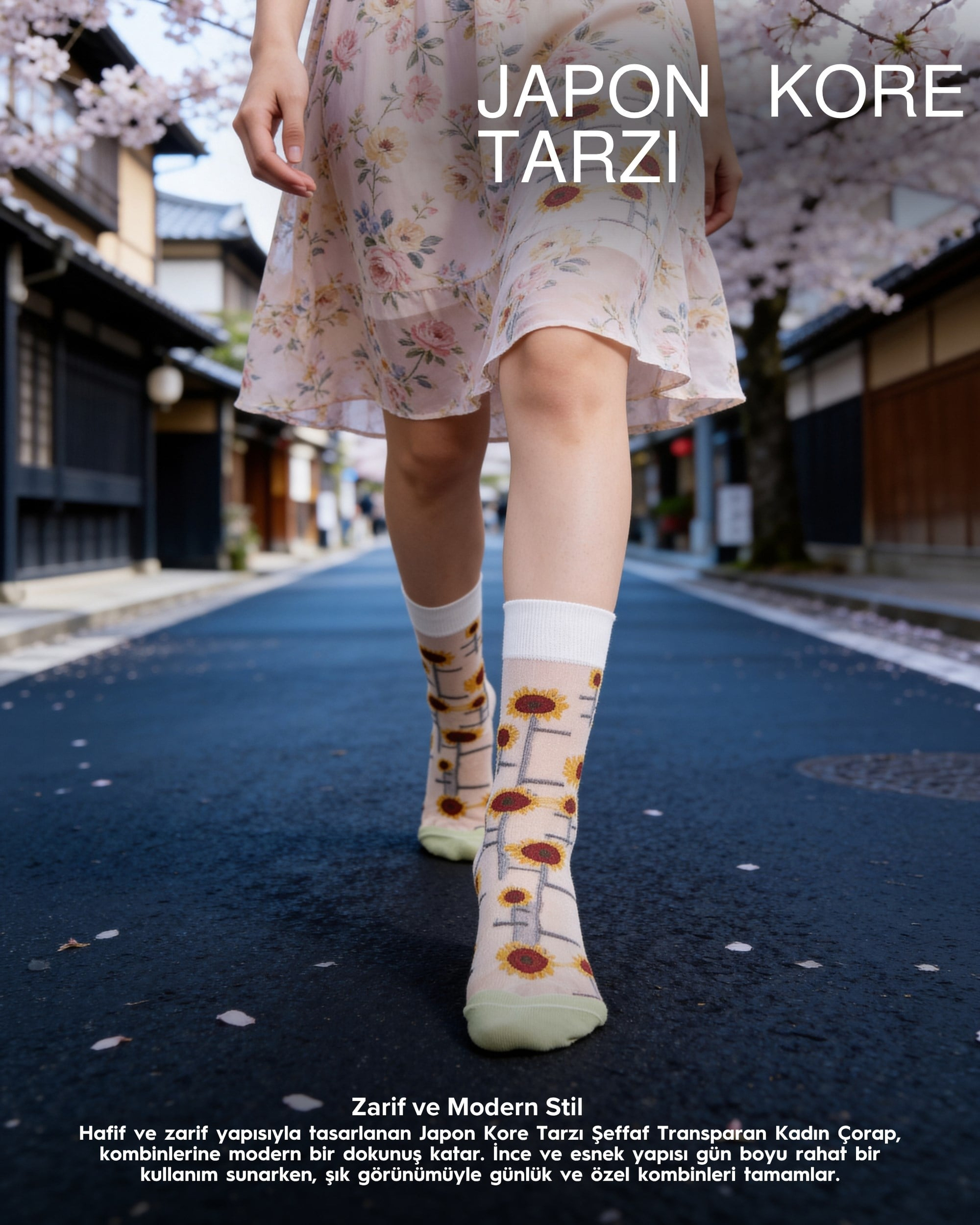 Kadın Japon Kore Tarzı Transparan Çorap Ayçiçeği Desenli