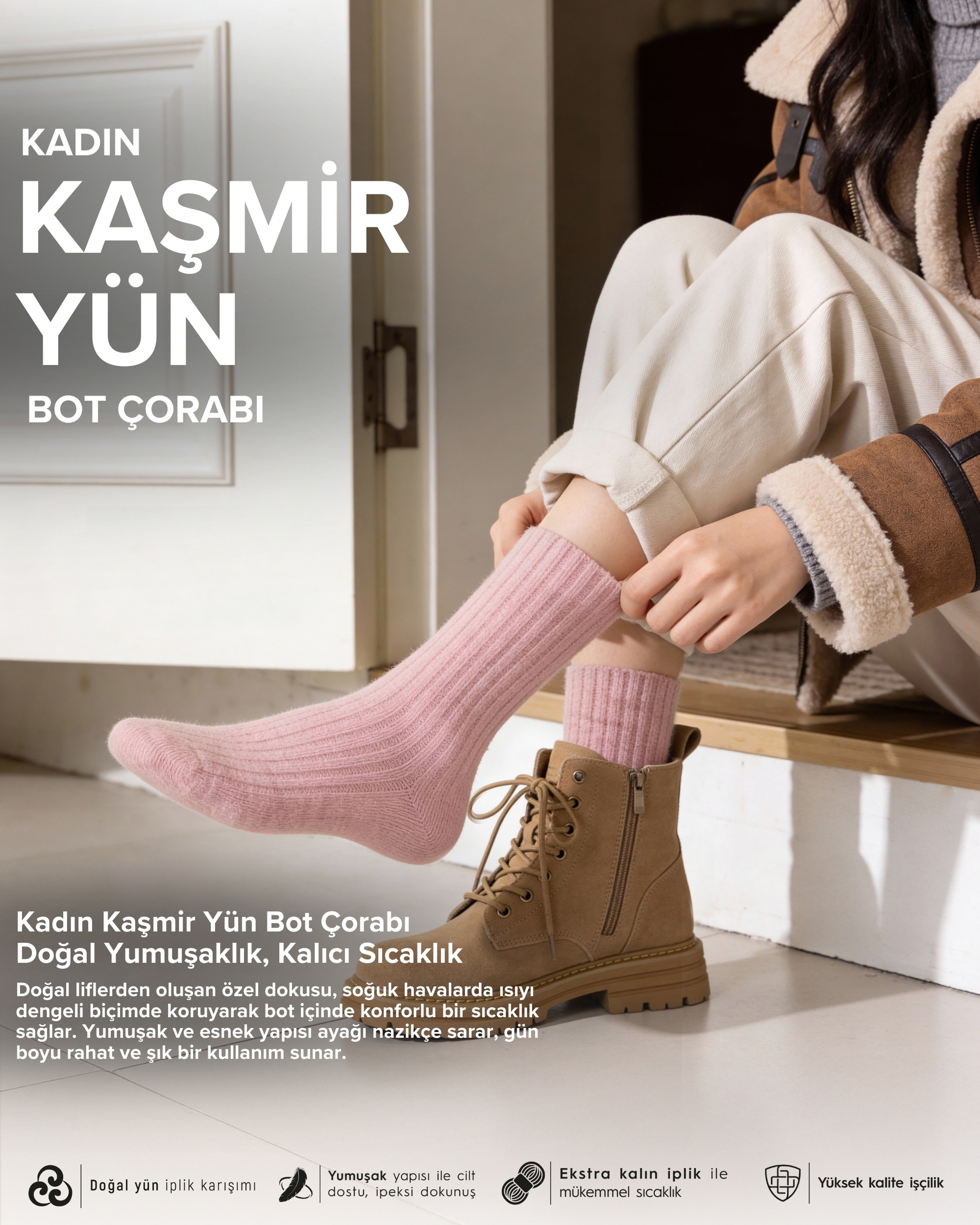 Kadın Kaşmir Yün Bot Çorabı Pembe