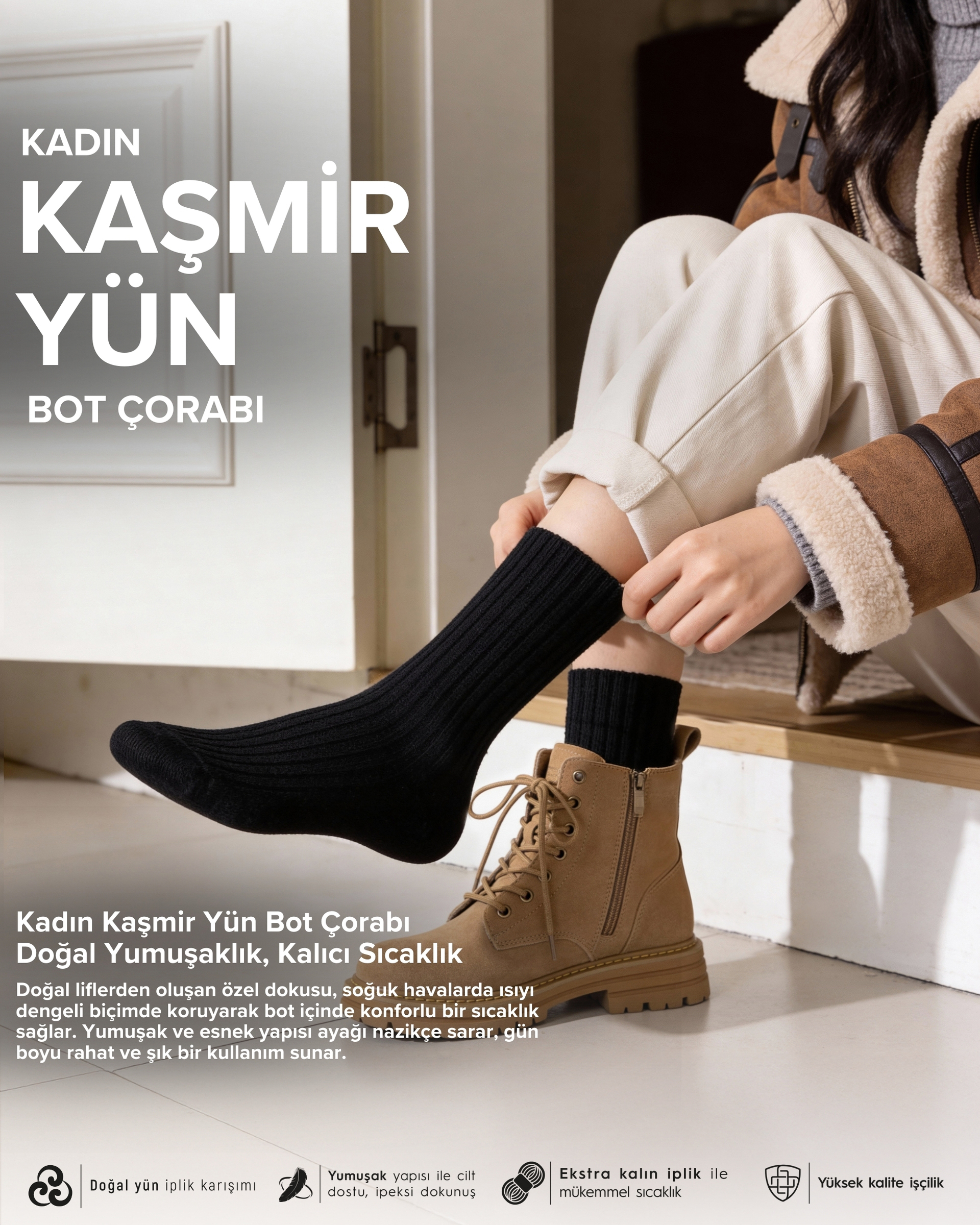 Kadın Kaşmir Yün Bot Çorabı Siyah