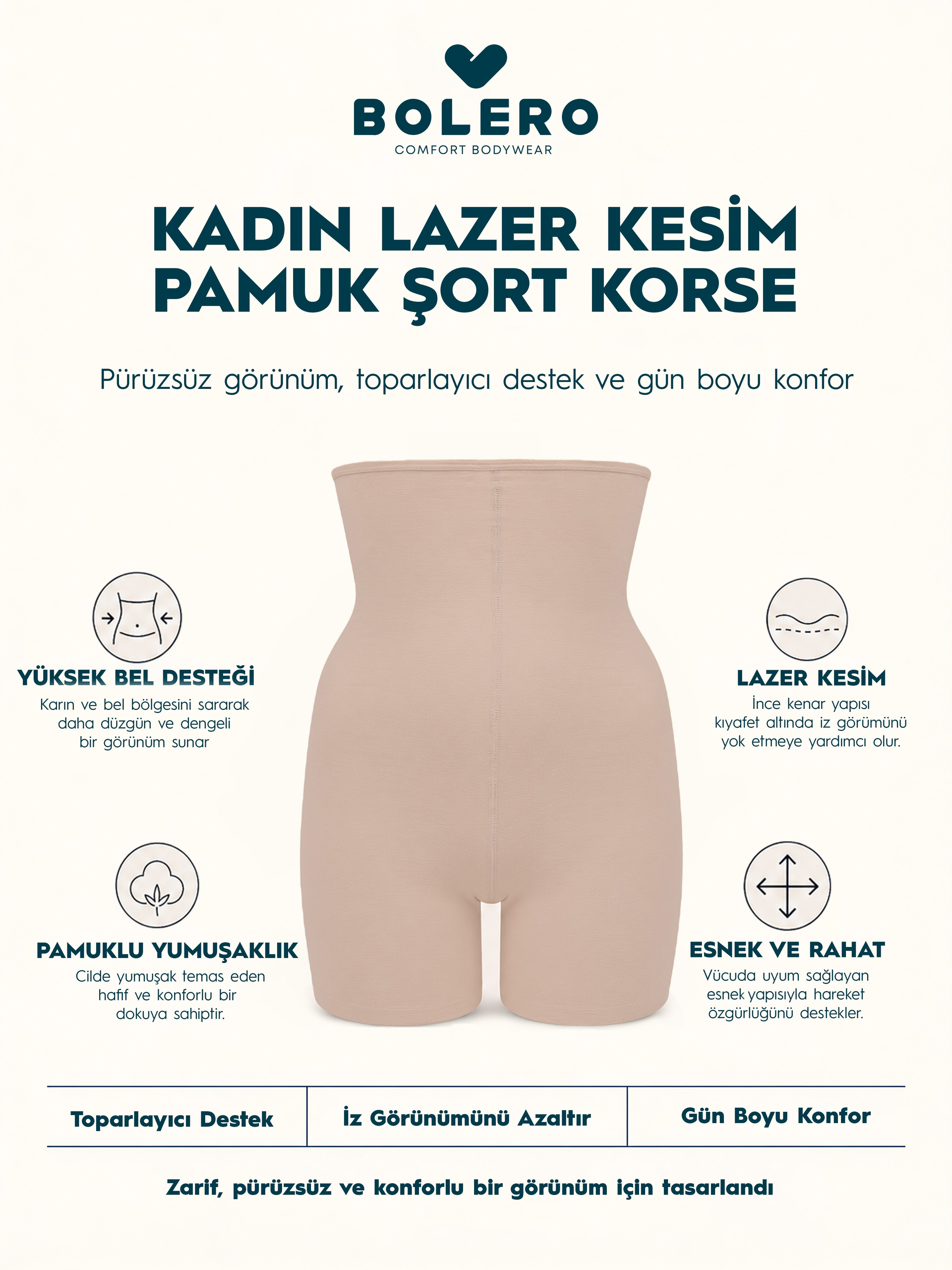 Kadın Lazer Kesim Pamuk Şort Korse Ten