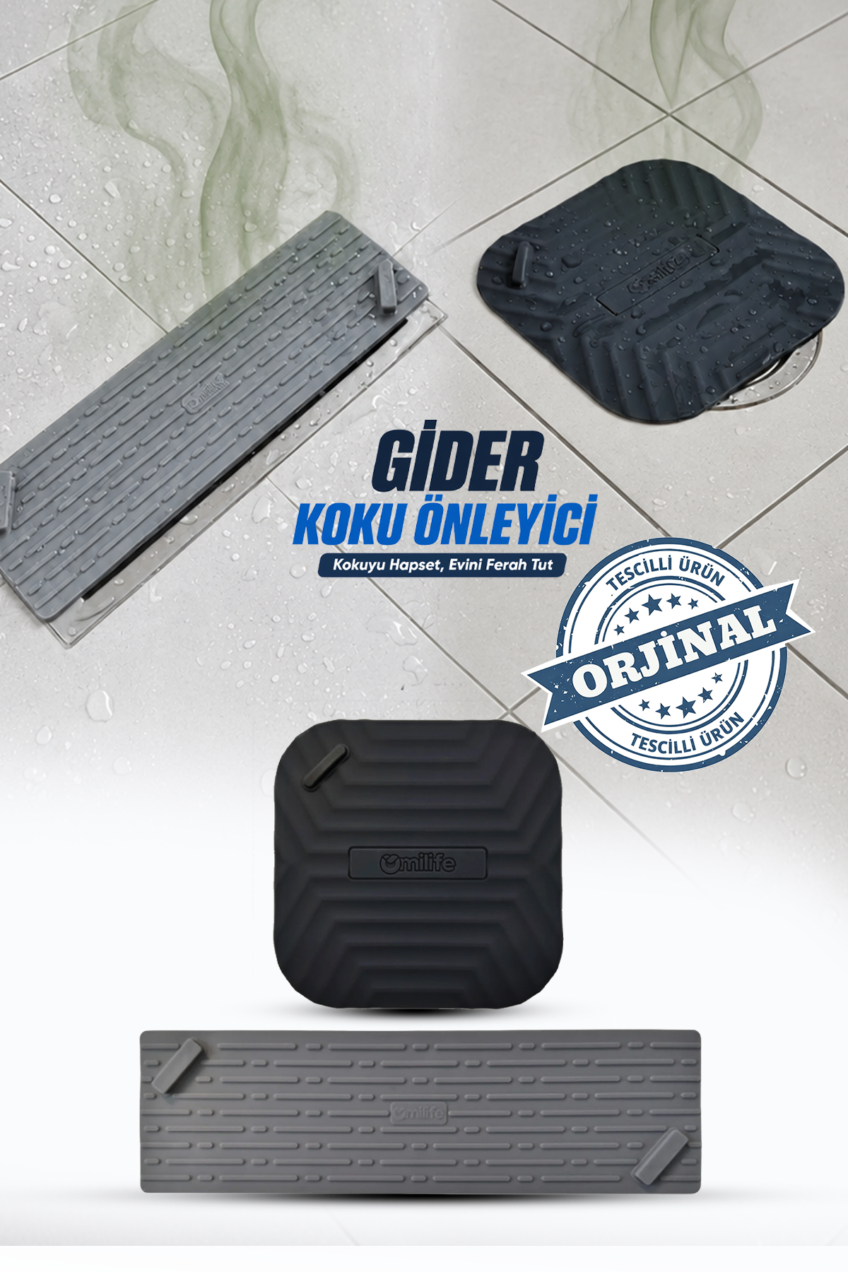 2'li Gri Uzun ve Siyah  Kare Silikon Gider Matı Koku Önleyici Banyo Mutfak Balkon Kapak Seti