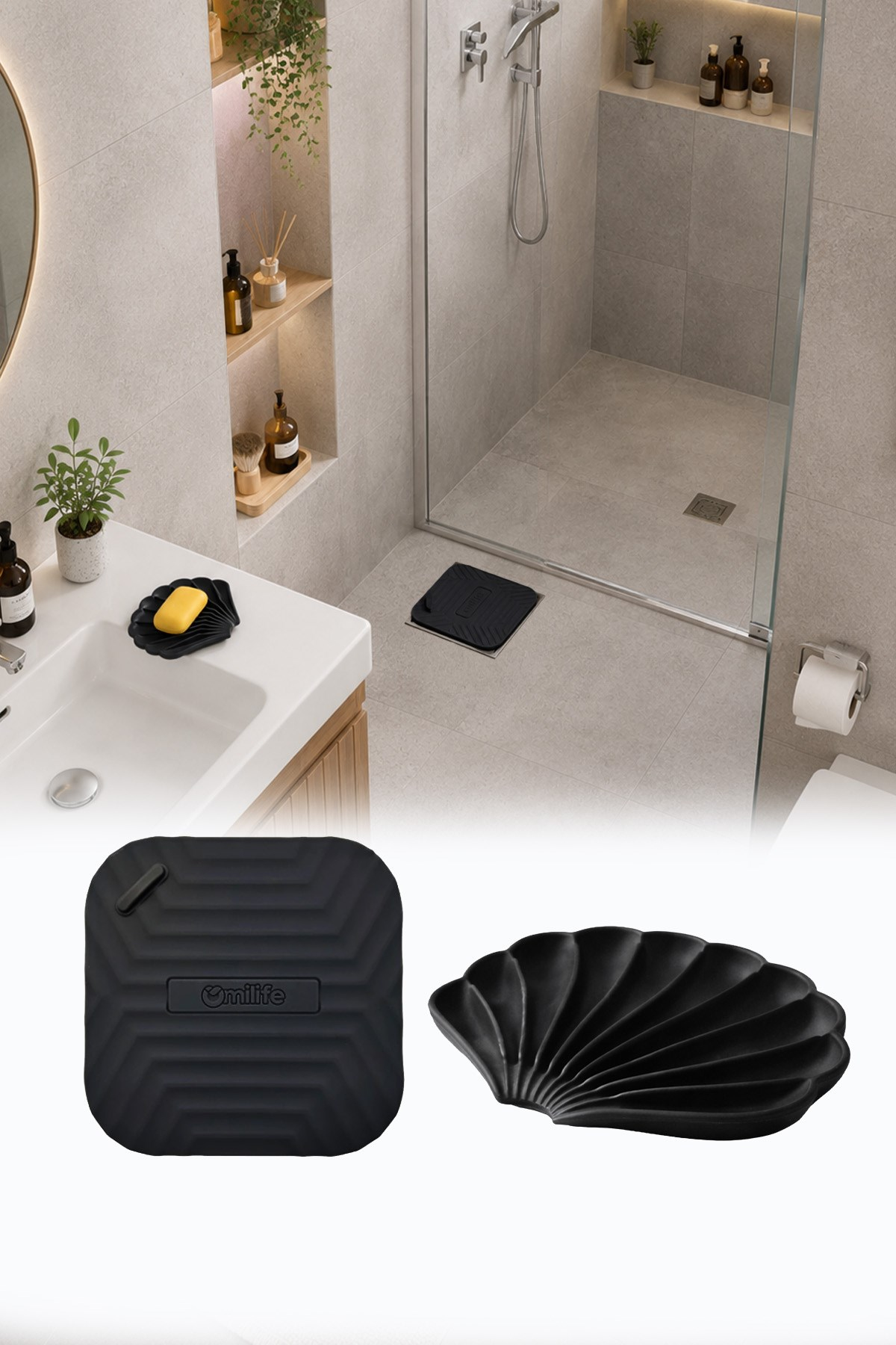 2'li Siyah Silikon Gider Kapağı ve İstiridye Sabunluk Seti Su Giderli Banyo Mutfak Organizer
