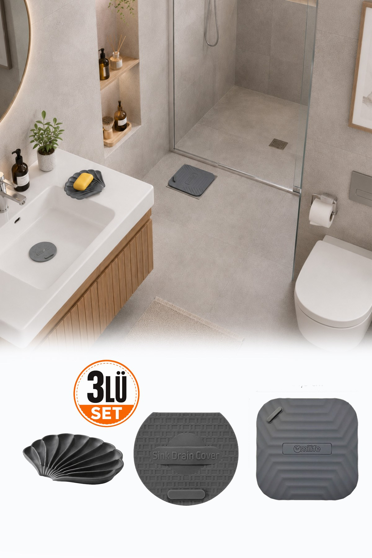 3'lü Gri Silikon Gider Kapağı Sabunluk Evye Süzgeci Seti Banyo Mutfak Koku Önleyici