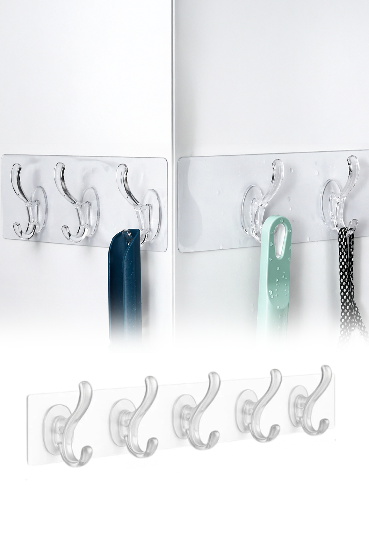 5 Kancalı Şeffaf Yapışkanlı Organizer Askı Mutfak Banyo Duvar Düzenleyici 35 cm