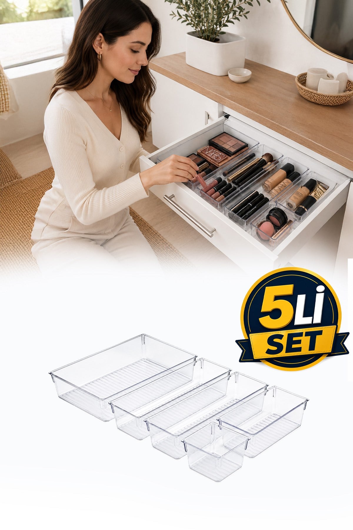 5'li Şeffaf Çekmece Organizer Seti Makyaj Takı Kozmetik Ofis Mutfak Banyo Düzenleyici Kutu
