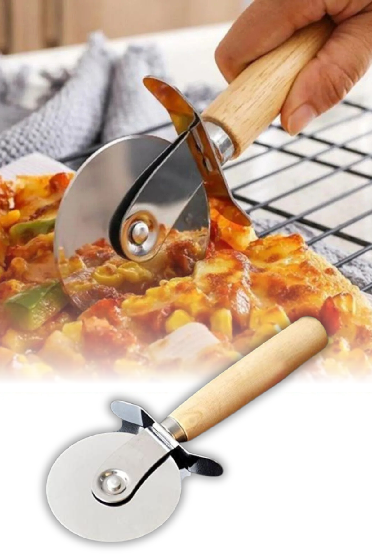 Ahşap Saplı Pizza Kesici Paslanmaz Çelik Yuvarlak Bıçaklı Dilimleme Aparatı Ergonomik Ahşap Tutma Kolu ile Pratik Kullanım Sunan Dayanıklı ve Şık Pizza Bıçağı Mutfak İçin Kesme Aracı