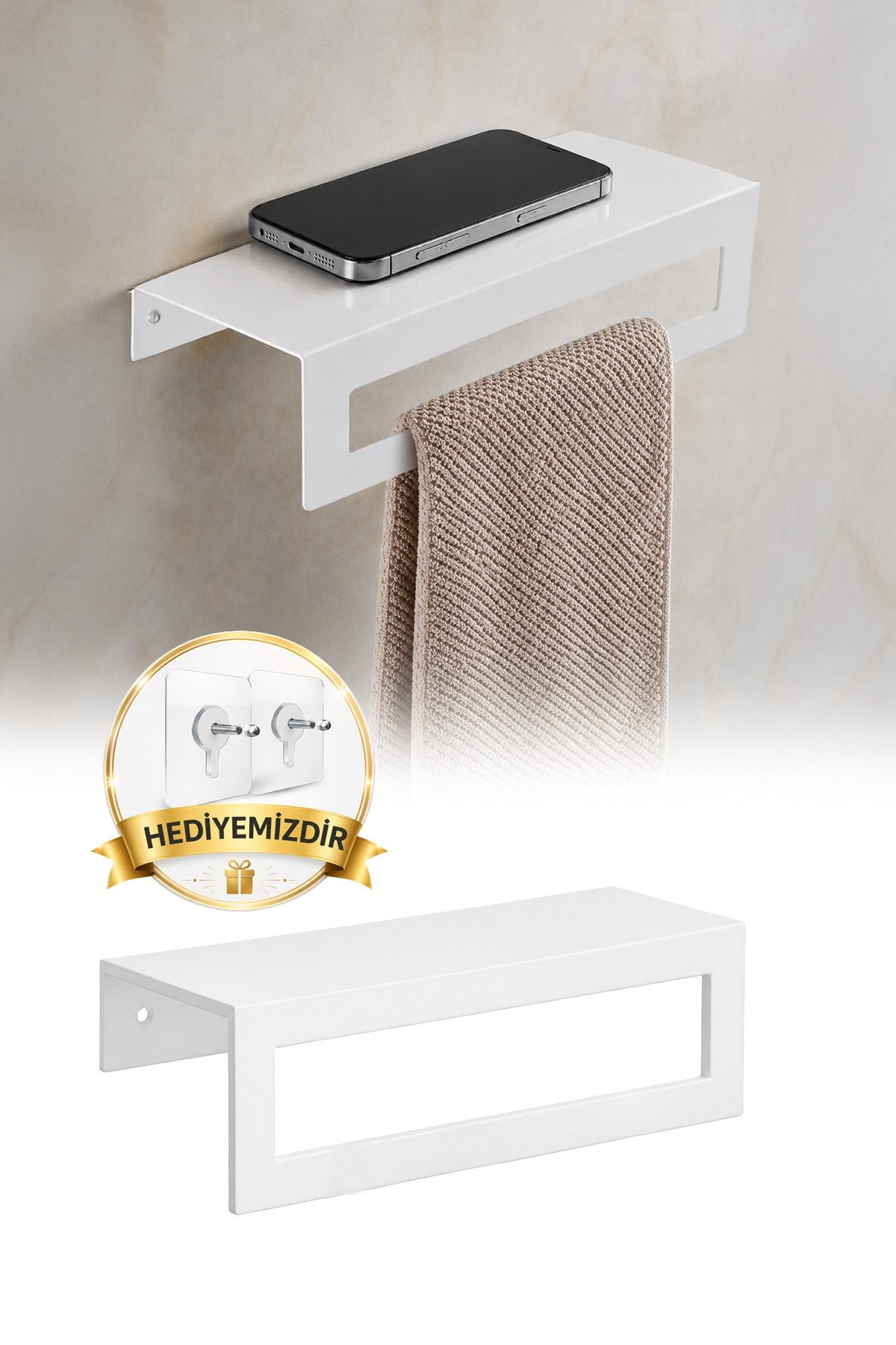 Beyaz Metal Raflı Havlu Askısı Telefon Koyma Duvar Havluluk Banyo Organizer 27 cm