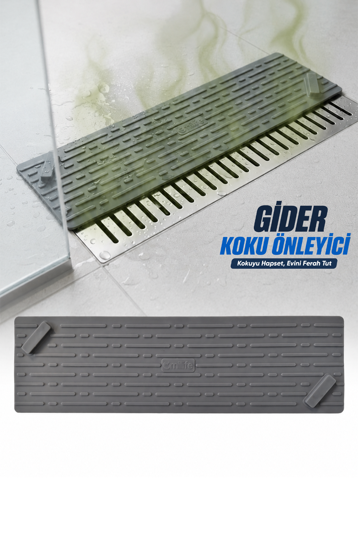 Gri Uzun Silikon Gider Kapağı Koku Önleyici Lavabo Banyo Mutfak Balkon Gider 37x11 cm