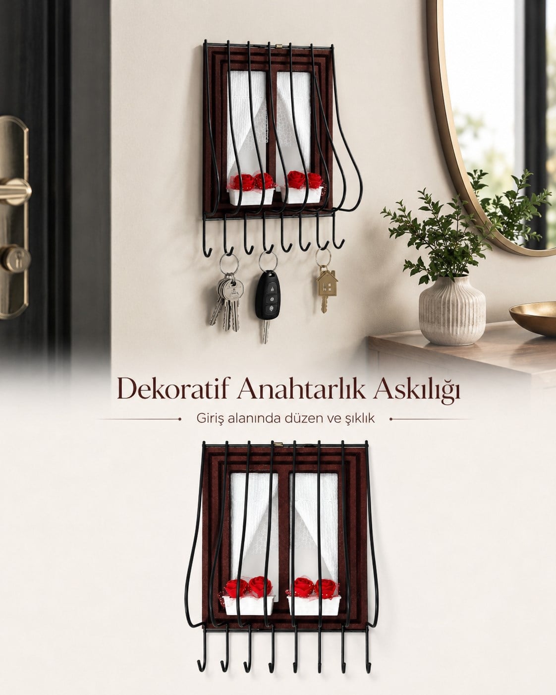 Kahverengi Ahşap Pencere Tasarımlı Duvar Tipi Anahtarlık Anahtar Askılığı Dekoratif Organizer