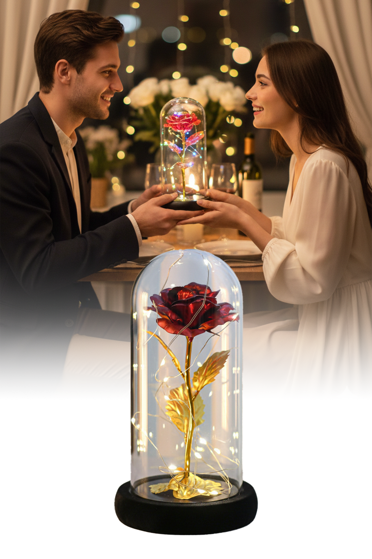 Metalik Kadife Sonsuzluk Gülü Işıklı Şeffaf Kutulu Dekoratif Gül Aranjmanı Hediye Kutusu İçerisinde Romantik ve Şık Görünümlü Ömürlük Yapay Gül Aksesuarı Sevgililer Günü ve Özel Günler İçin