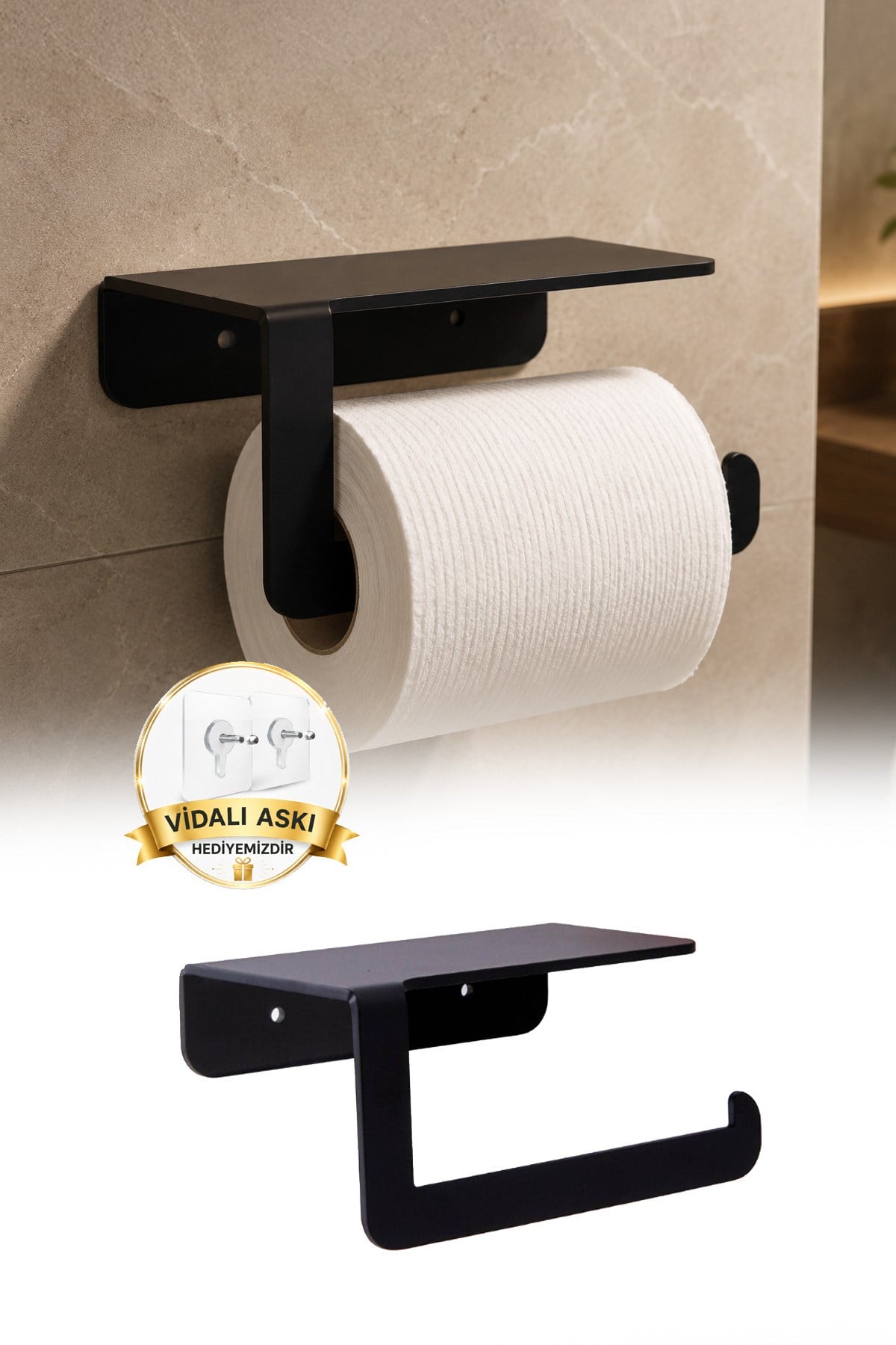 Siyah Metal Raflı WC Kağıtlığı Telefon Koymalı Tuvalet Kağıdı Askısı Hediyelik 15 cm