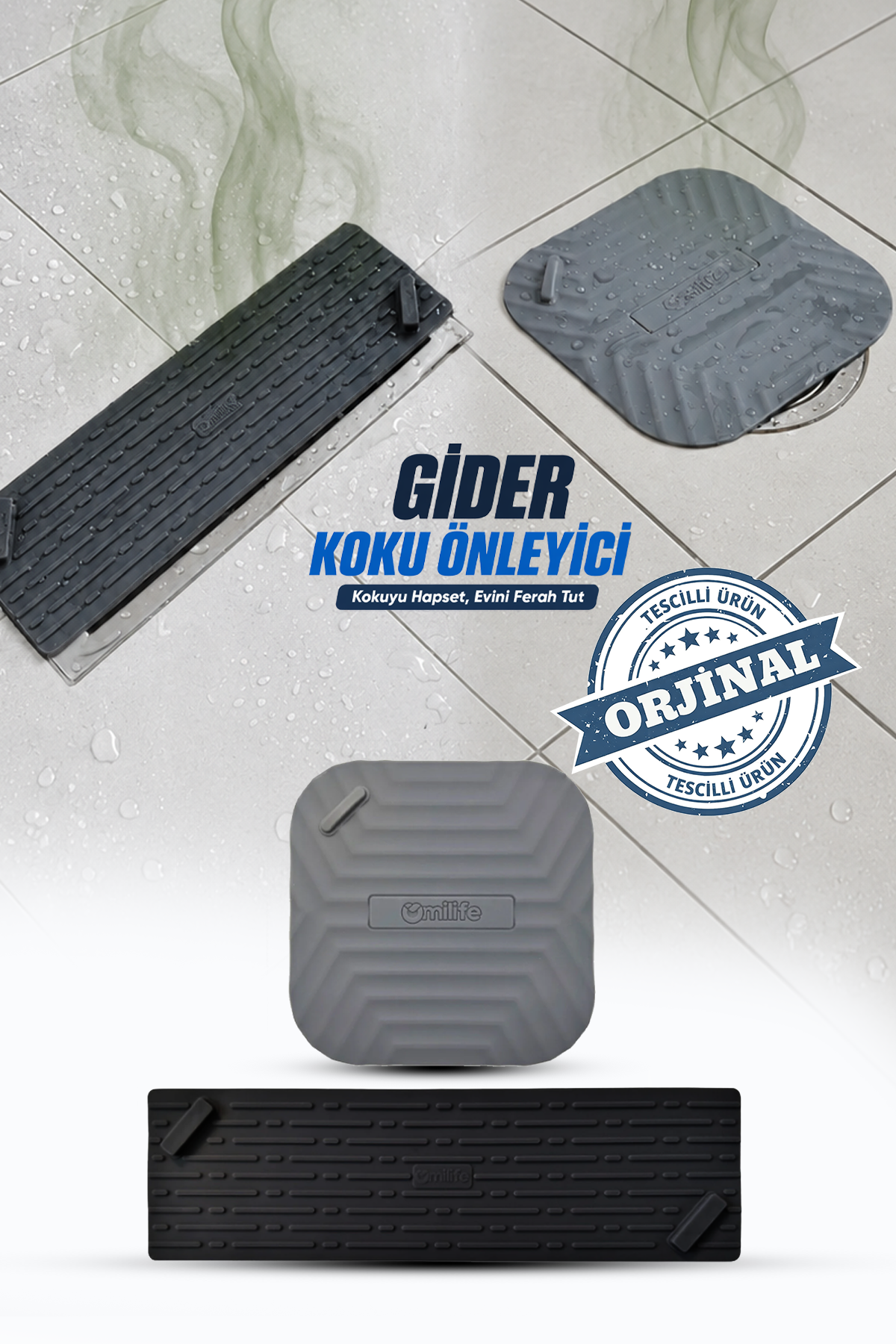Siyah Uzun ve Gri Kare Tasarımlı Koku Önleyici Silikon Gider Kapakları Banyo Mutfak ve Balkon İçin 2li Şık ve Hijyenik Gider Seti
