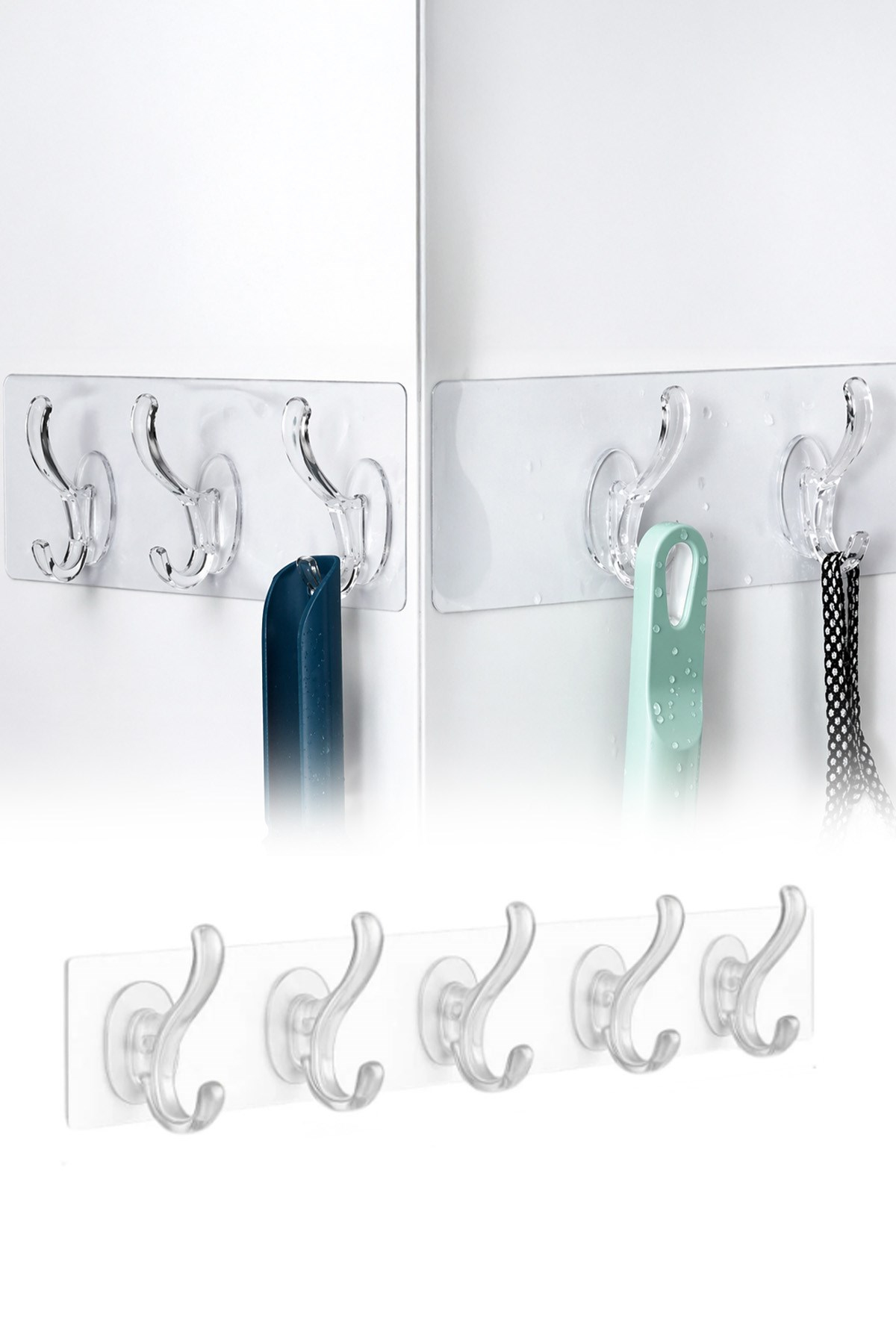 Yapışkanlı 5 Kancalı Askı Şeffaf Duvar Organizer Banyo Mutfak Çoklu Askı Aparatı