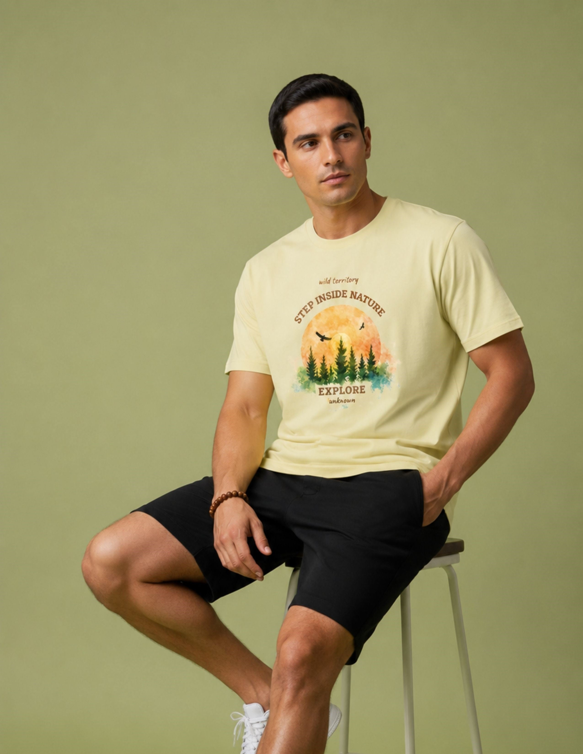 Basic Erkek Bisiklet Yaka Baskılı Bej T-shirt