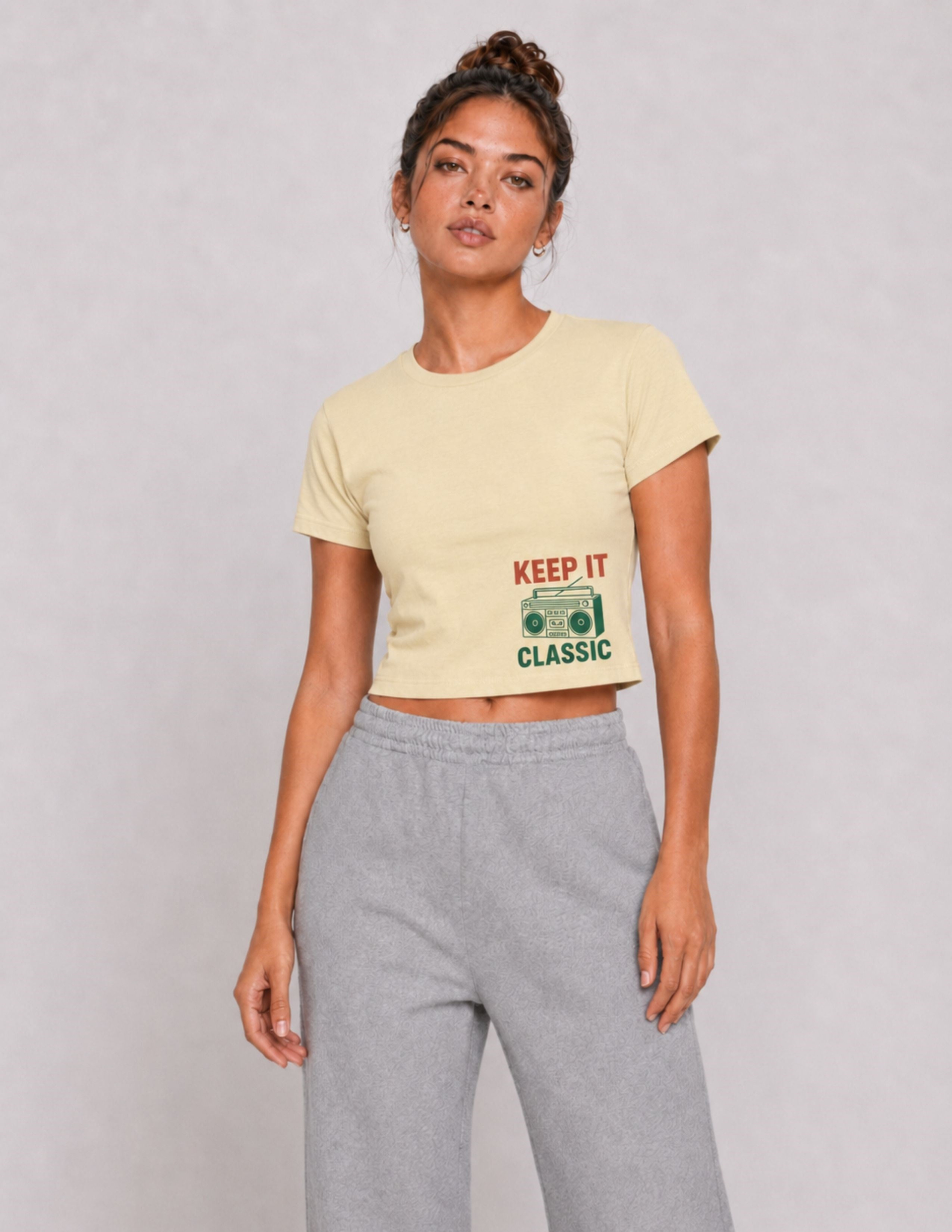 Basic Kadın Crop Baskılı Bej T-shirt