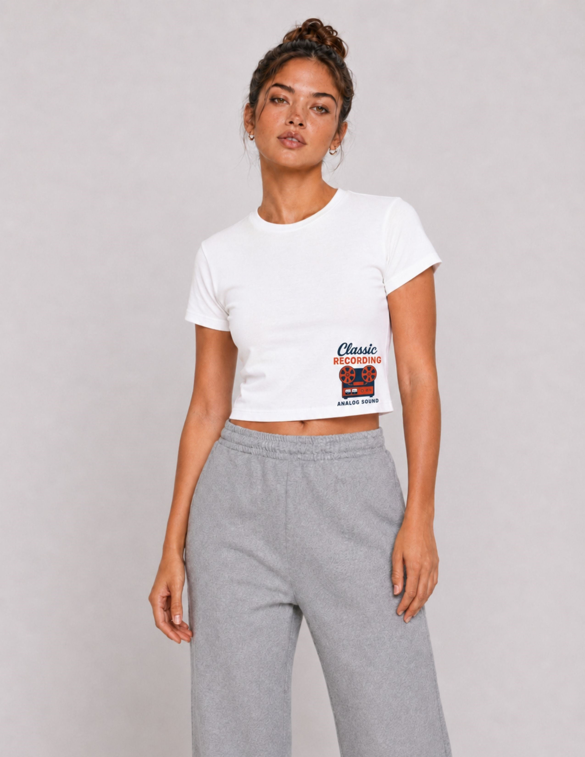 Basic Kadın Crop Baskılı Beyaz T-shirt