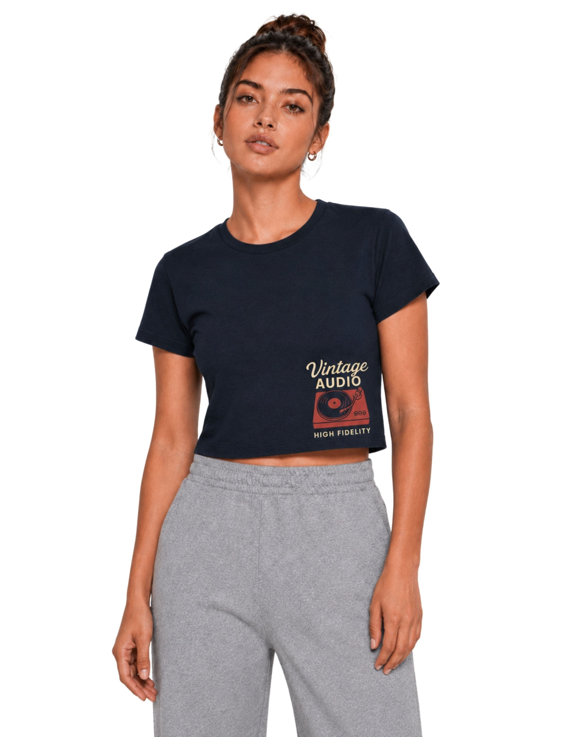 Basic Kadın Crop Baskılı Lacivert T-shirt