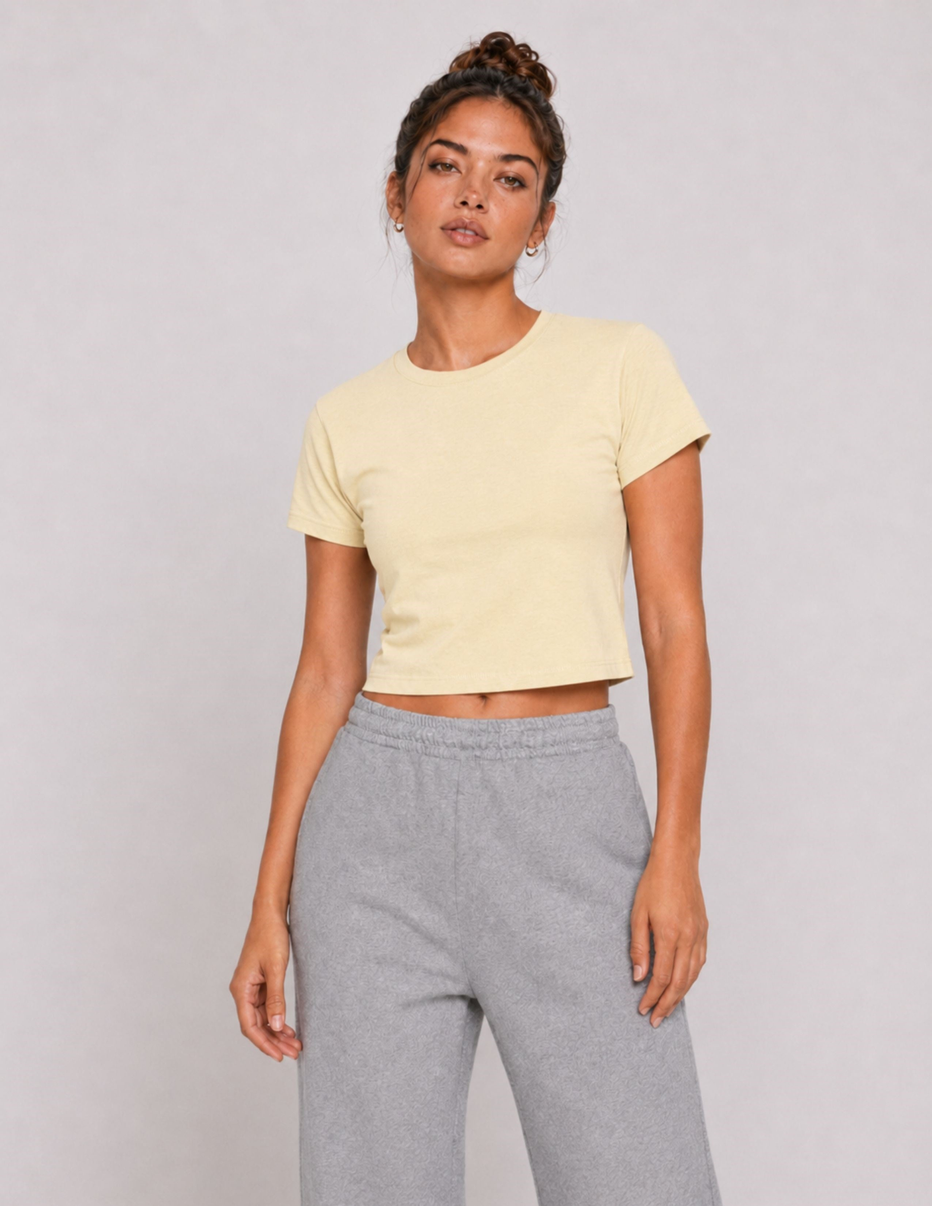 Basic Kadın Crop Bej T-shirt