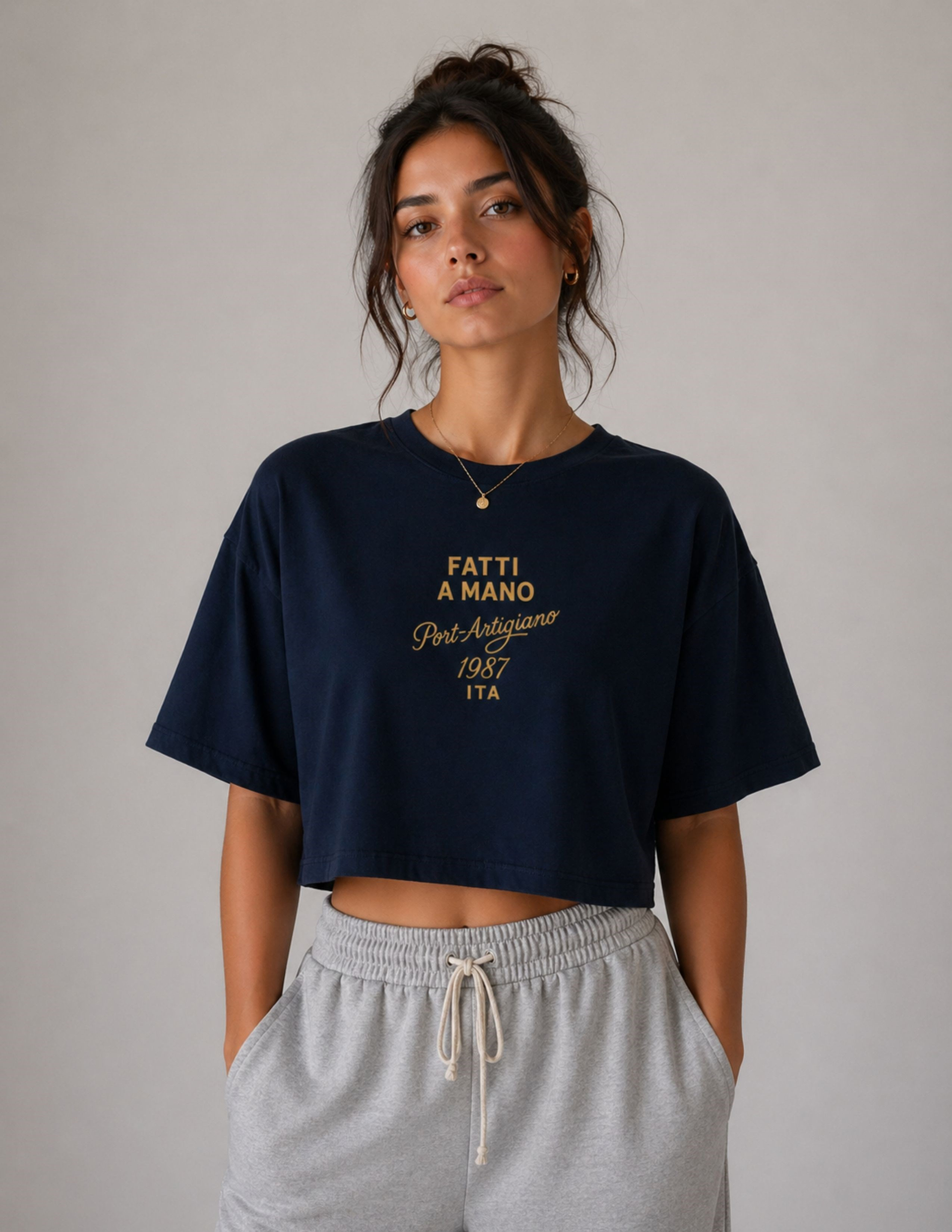 Basic Kadın Loose Crop Baskılı Lacivert T-shirt