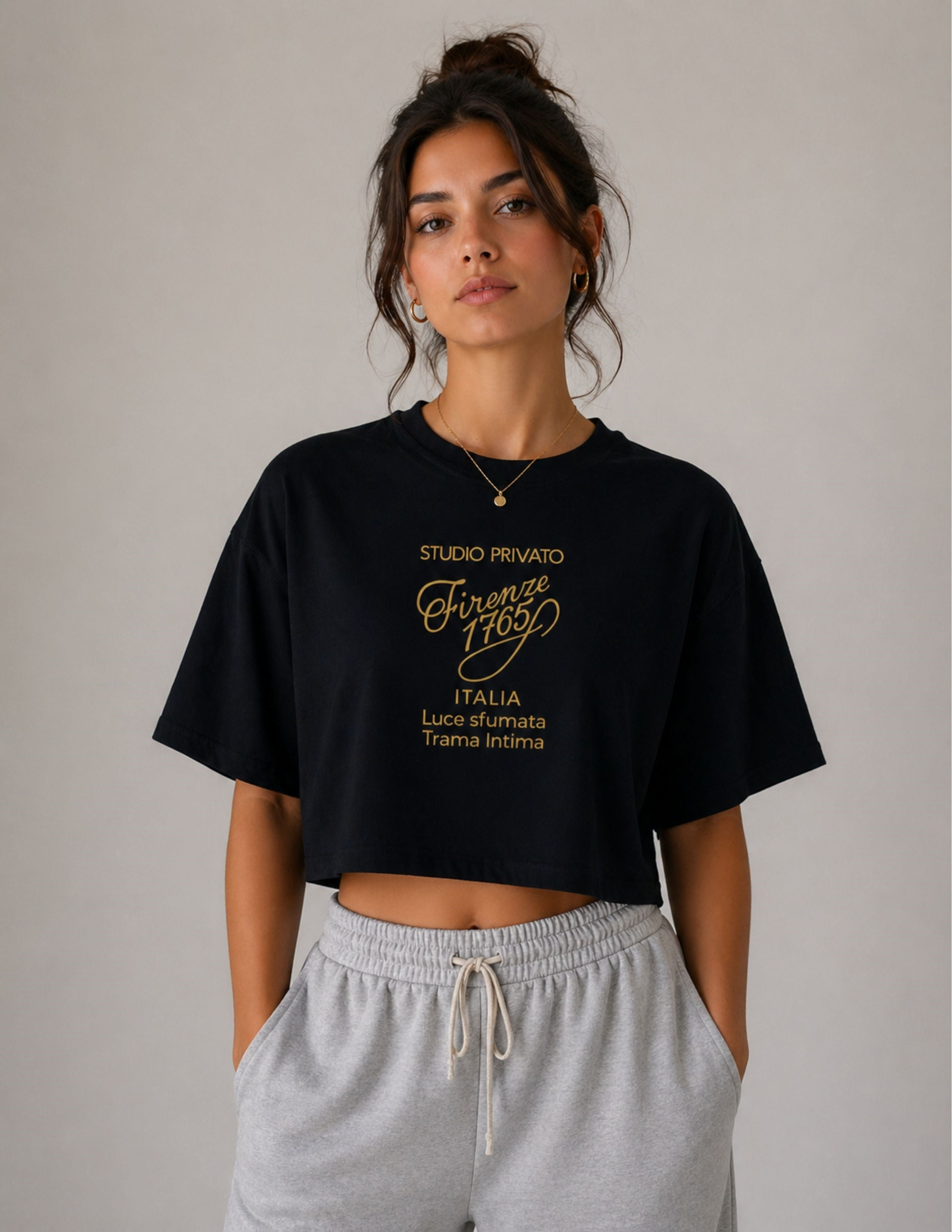 Basic Kadın Loose Crop Baskılı Siyah T-shirt