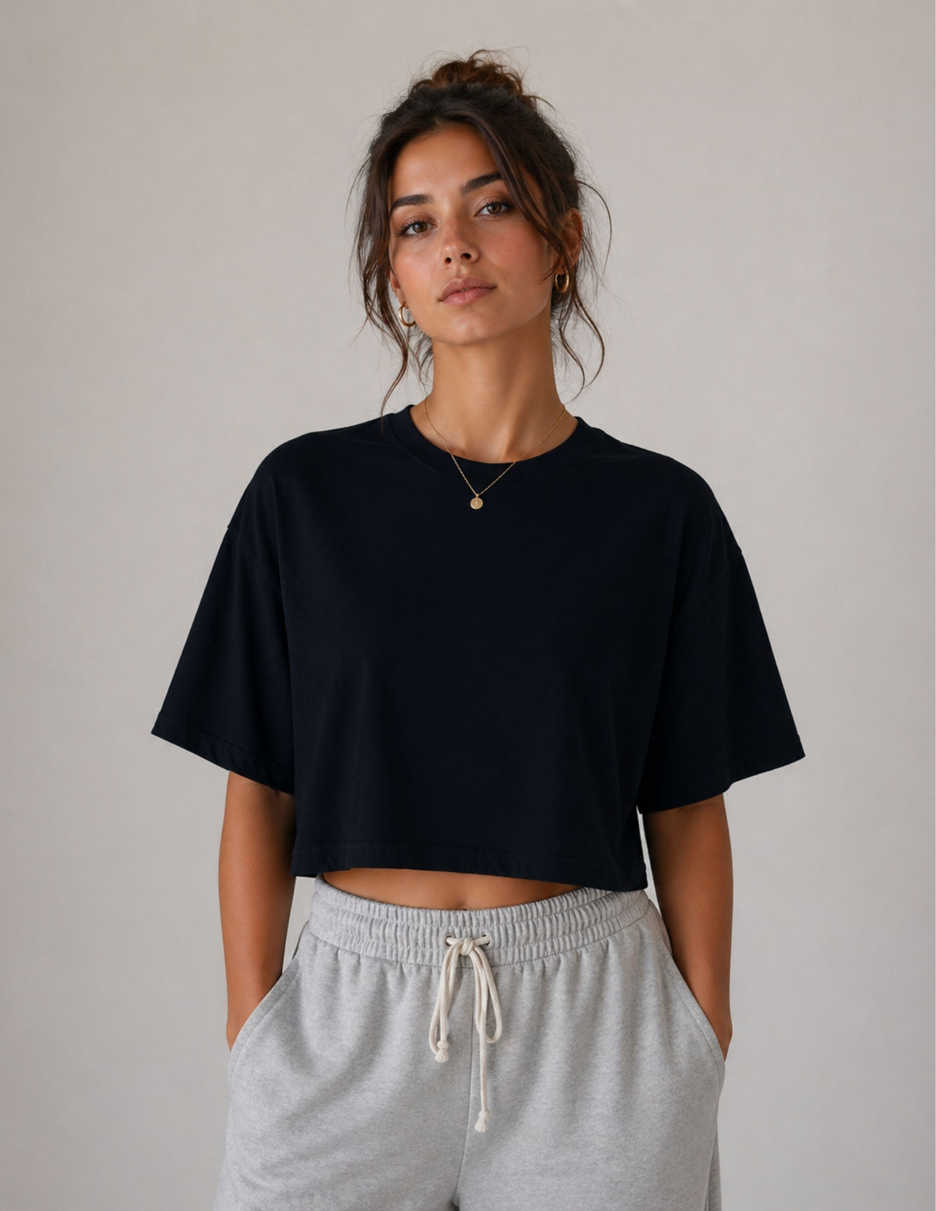 Basic Kadın Loose Crop Siyah T-shirt