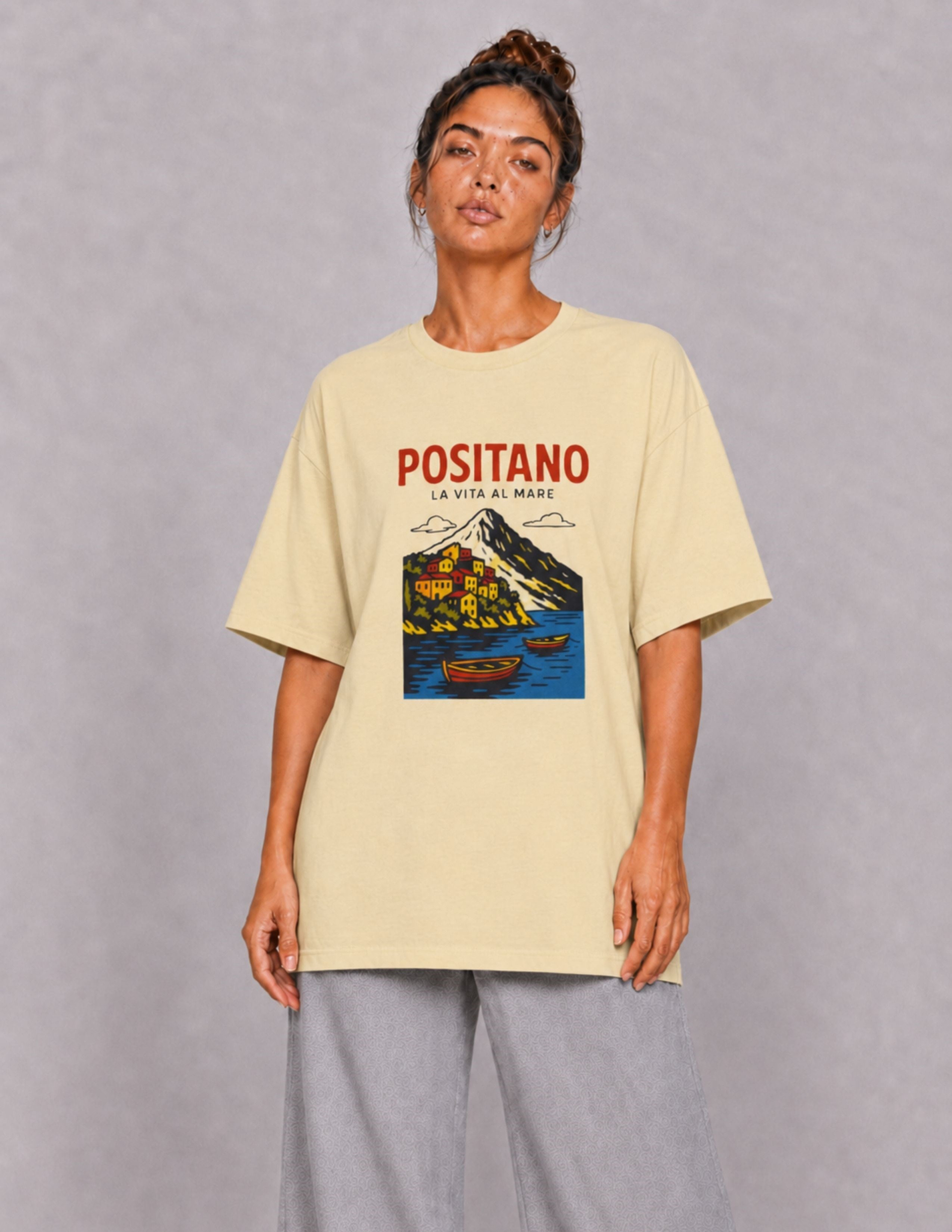 Basic Kadın Oversize Baskılı Bej T-shirt