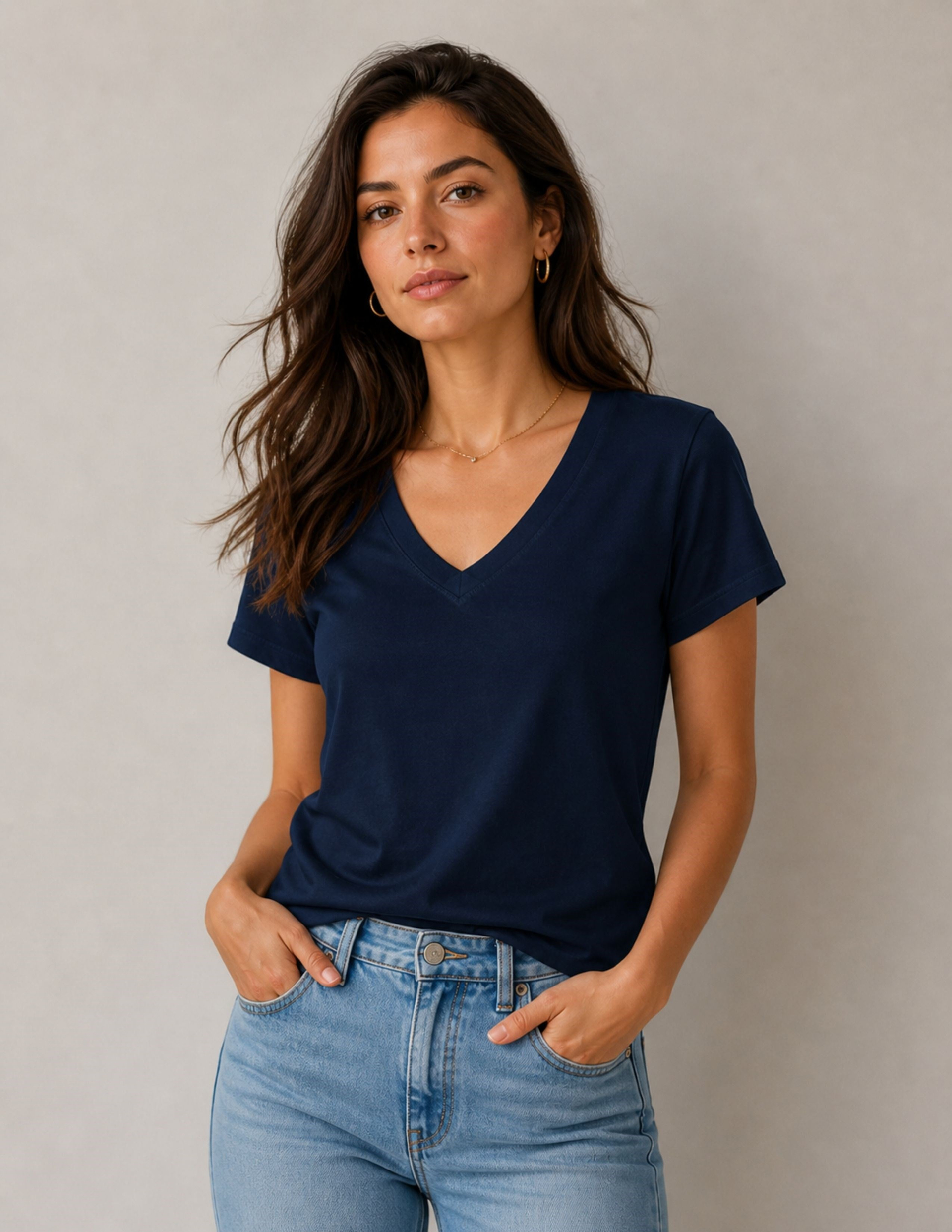 Basic Kadın V Yaka Lacivert T-shirt