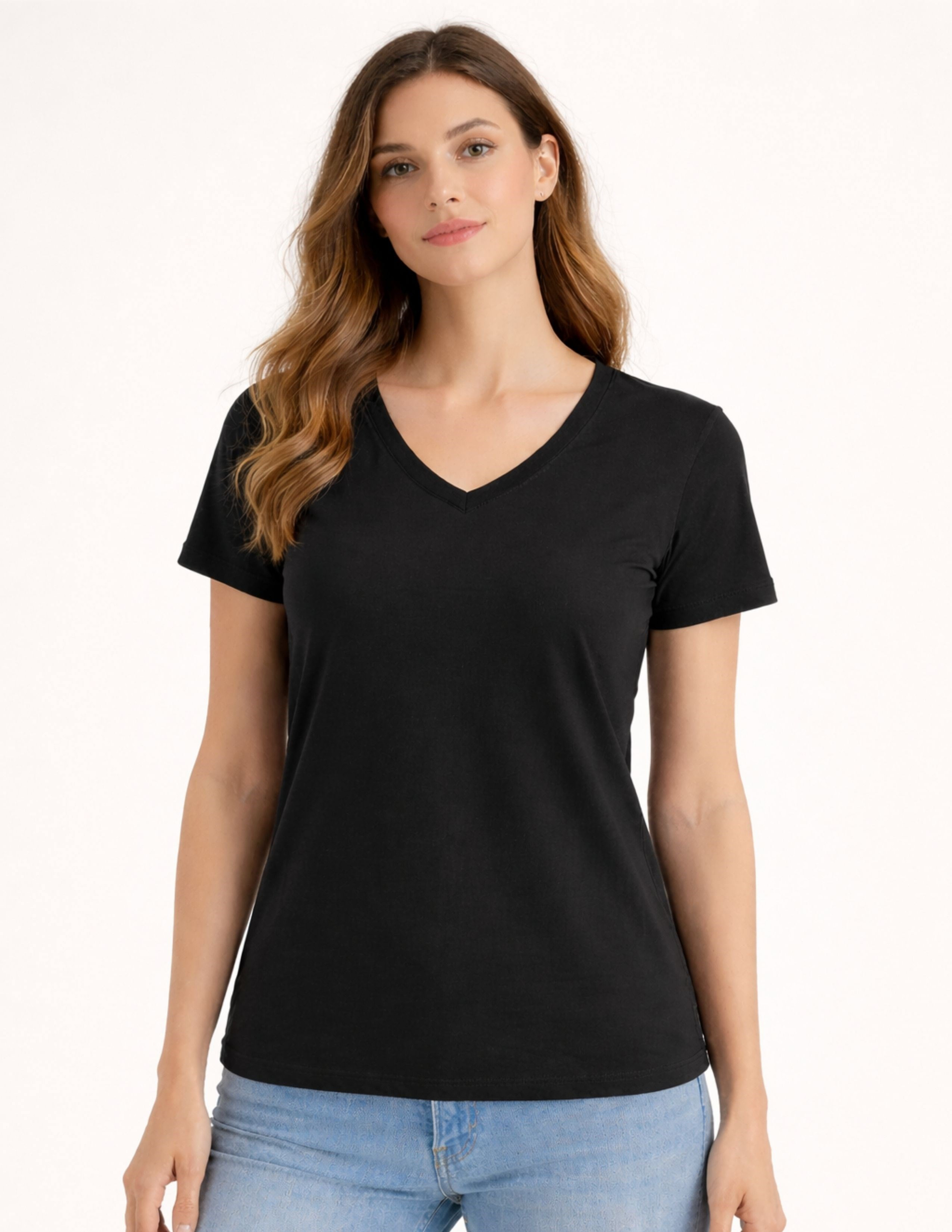 Basic Kadın V Yaka Semi-Fitted Siyah T-shirt