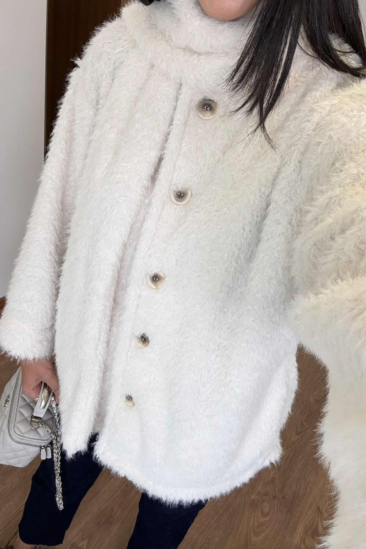 FULARLI PELUŞ KISA KABAN - EKRU