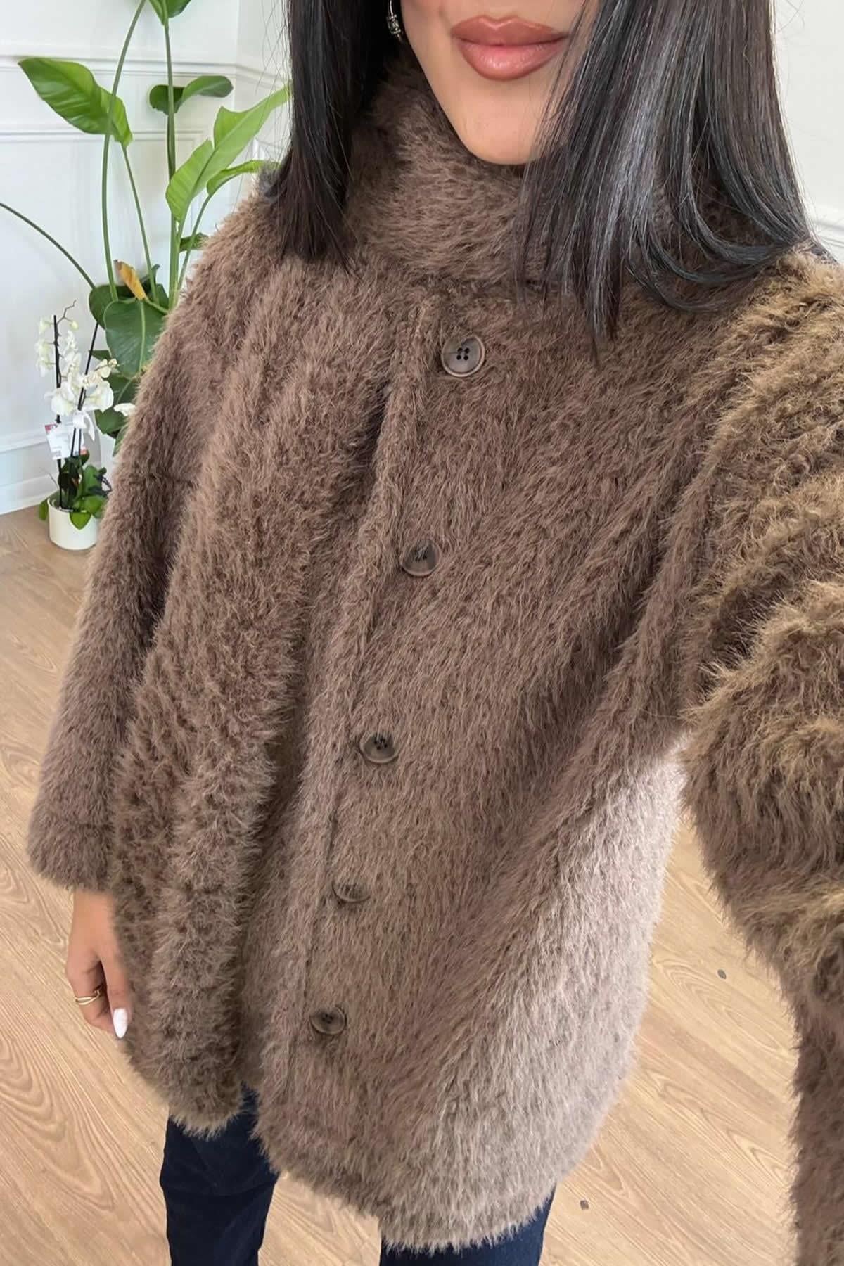FULARLI PELUŞ KISA KABAN - KAHVE