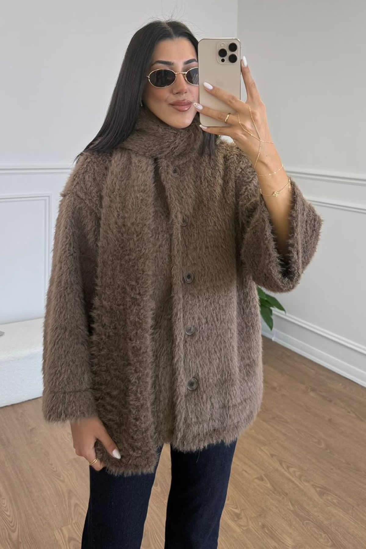FULARLI PELUŞ KISA KABAN - KAHVE