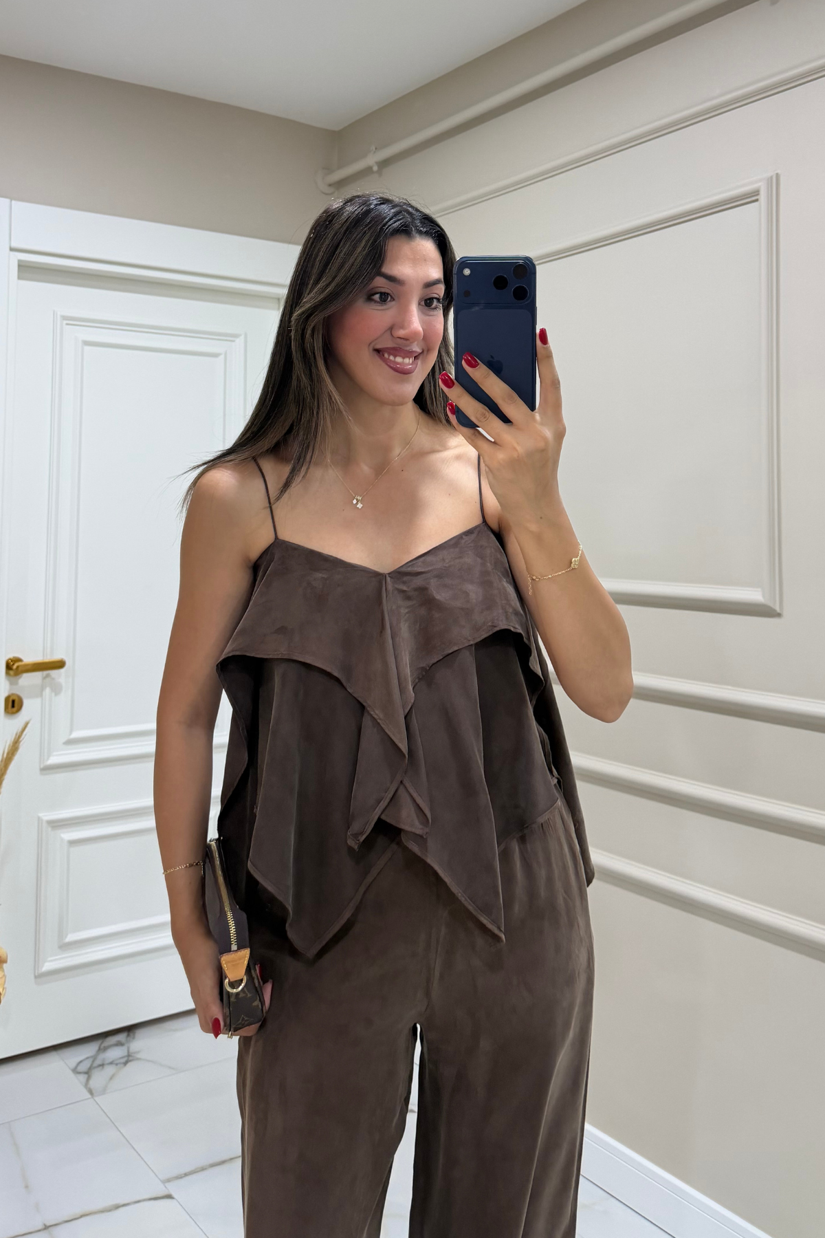 KAHVE ASKILI BLUZ PANTOLON TAKIM 