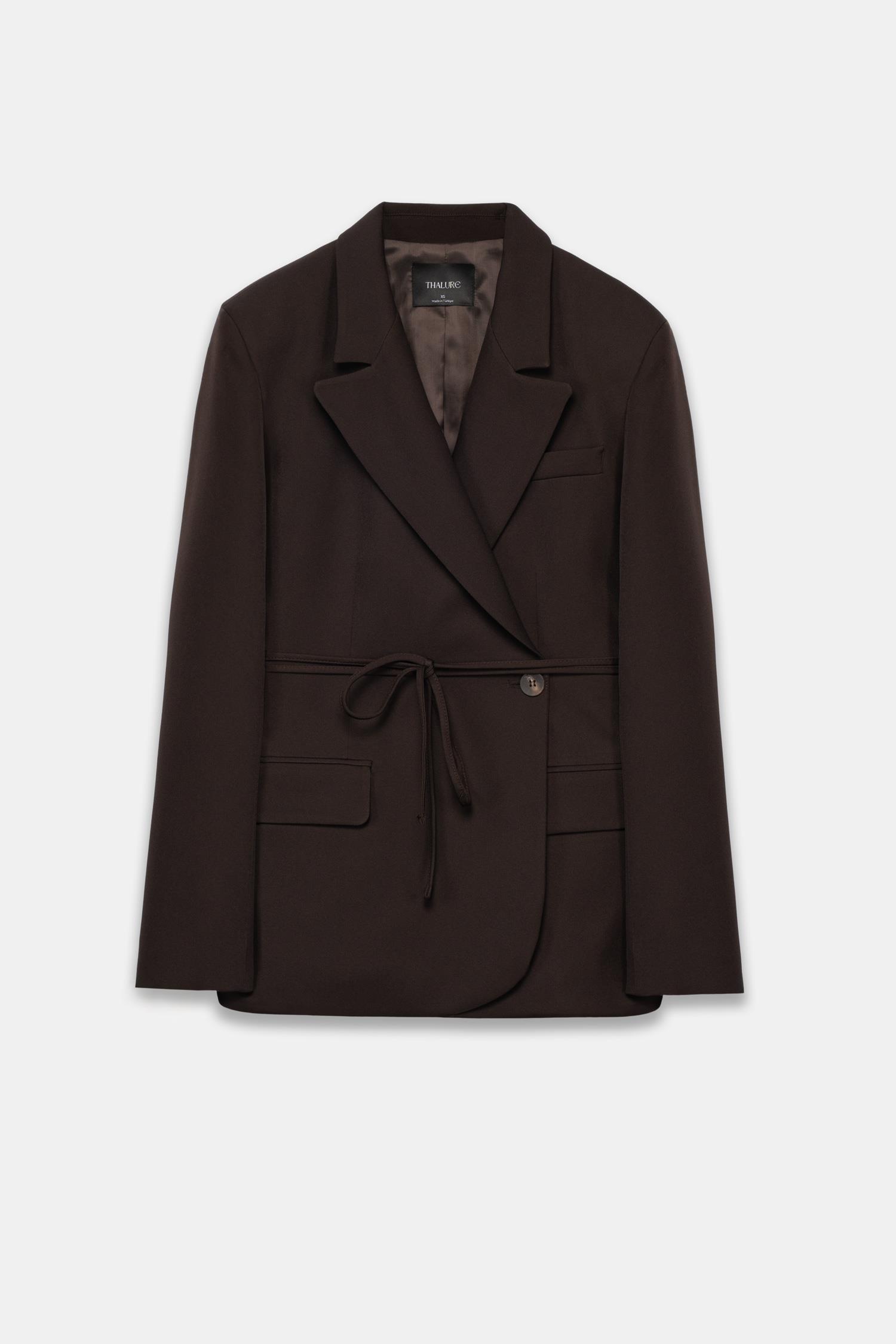 Kadın Acı Kahve Bağcıklı Asimetrik Blazer Ceket